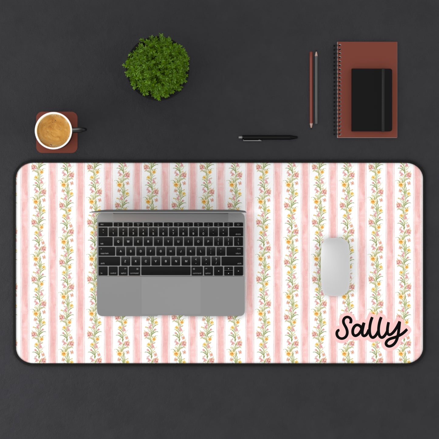 Personalized Cottagecore Coquette Soft Pink Floral Desk Mat - Custom Name Office Decor