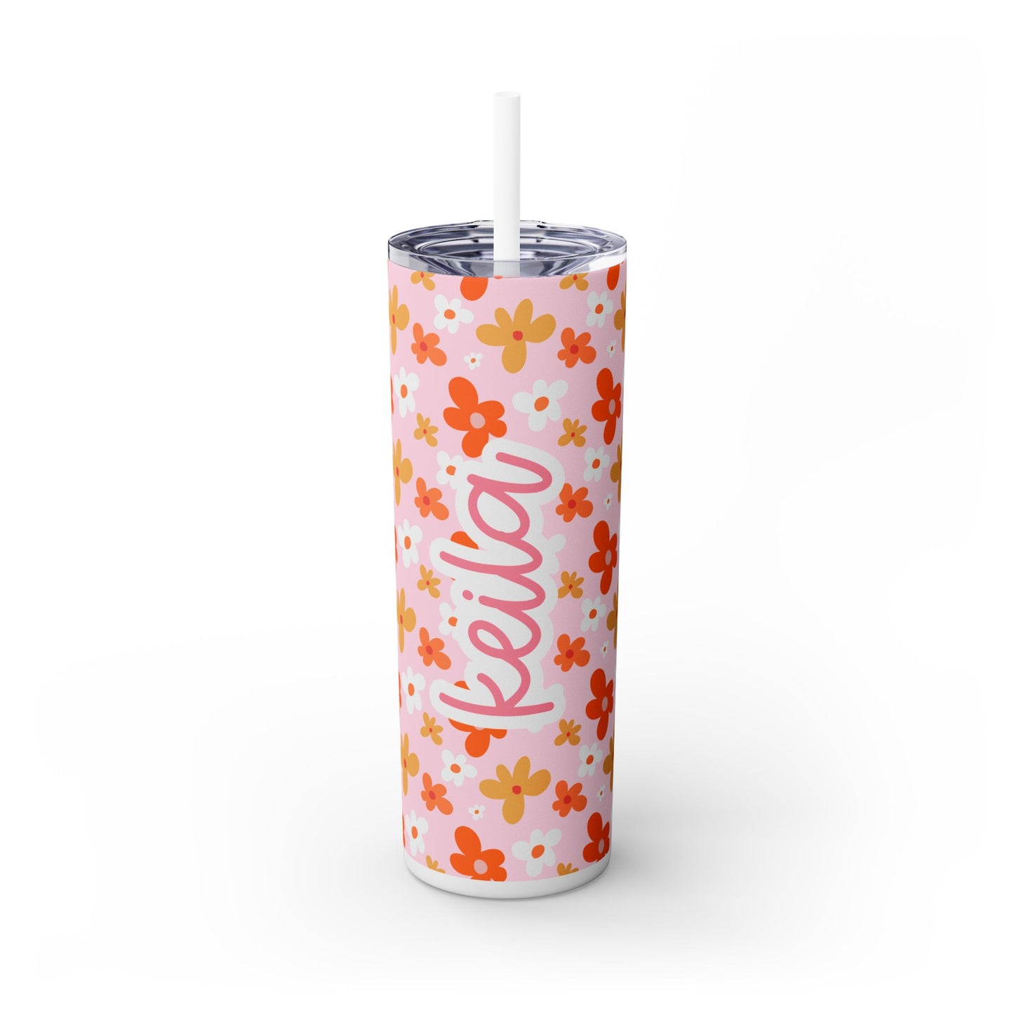Personalized Floral Skinny Tumbler with Straw - 20oz Travel Cup