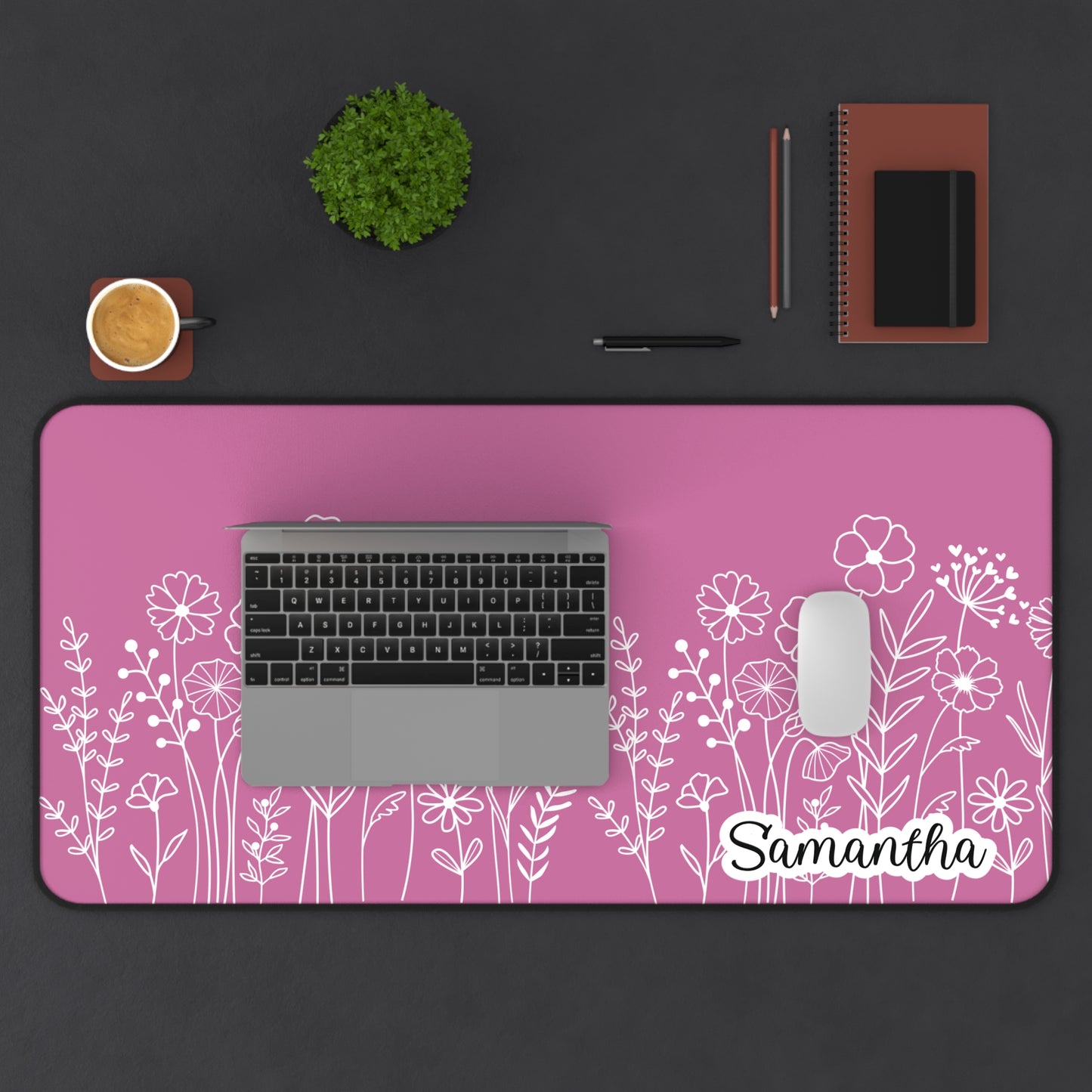 Minimalist Flower Field Personalized Desk Mat Pink | Personalized Desk Mat | Cute Desk Pad