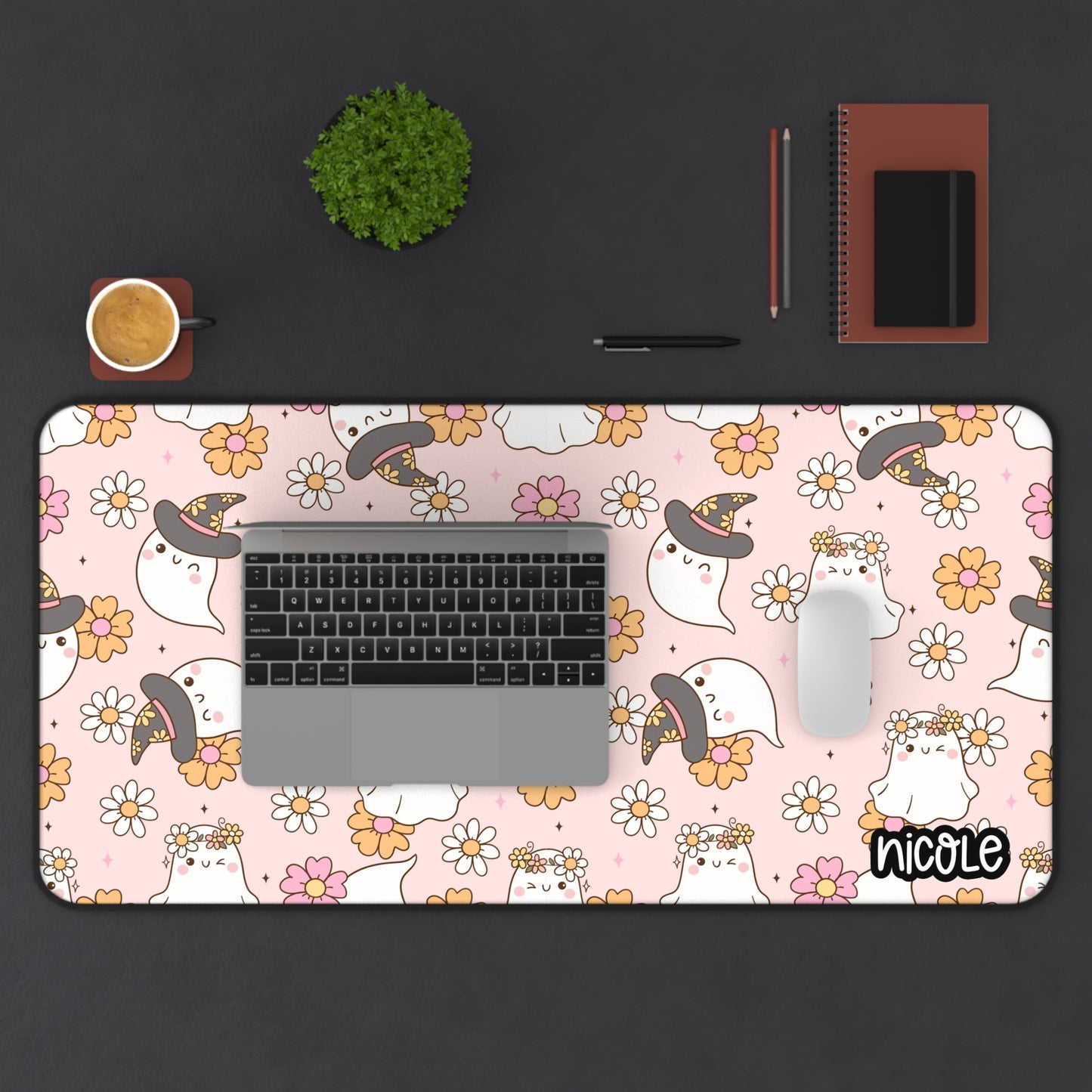 Pink Ghosty Desk Mat, Cute Ghost Desk Mat with Floral Design, Office Decor, Gamer Desk Pad, Personalized Mat, Halloween Gift, Home Office Accessories