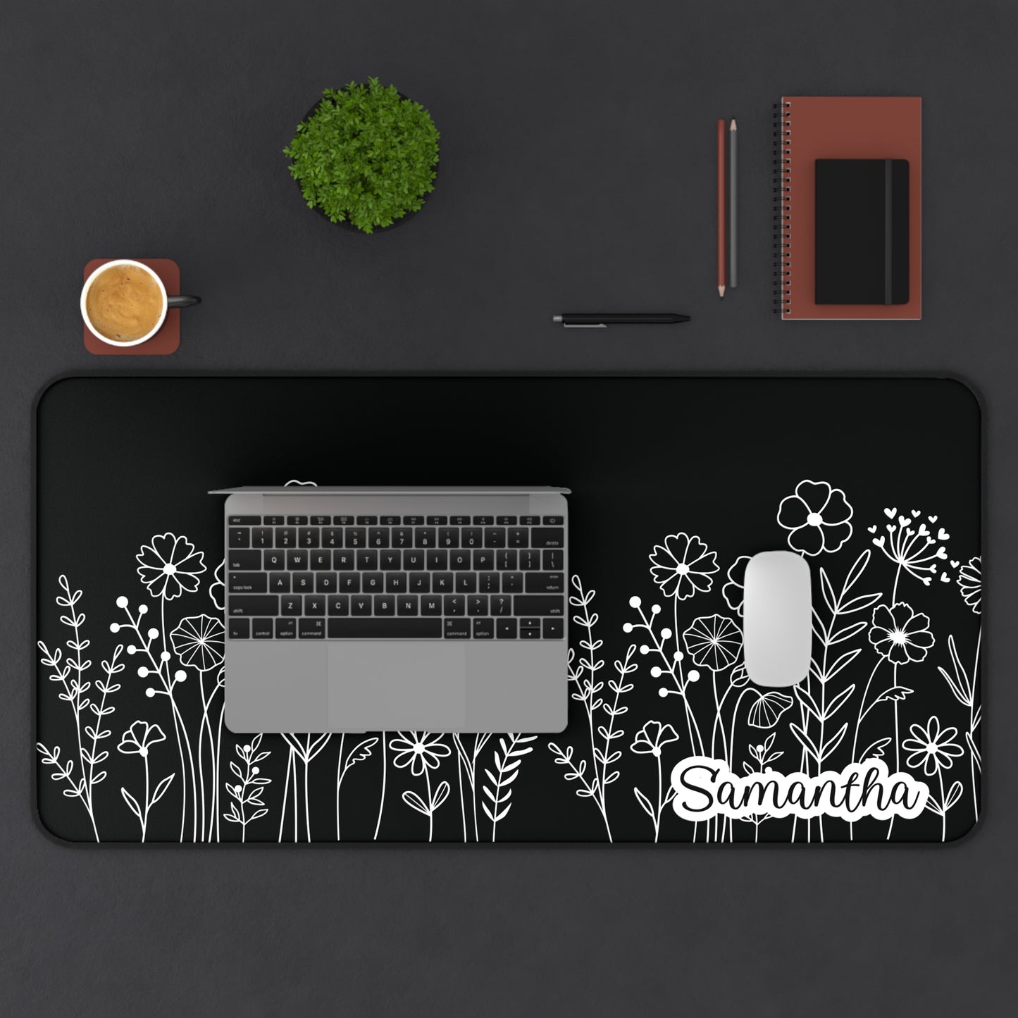 Minimalist Flower Field Personalized Desk Mat Black | Personalized Desk Mat | Cute Desk Pad