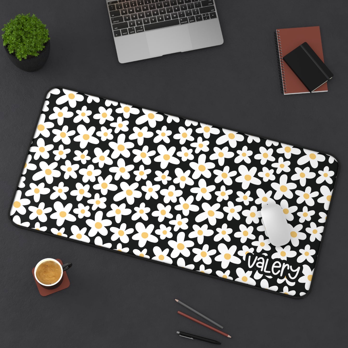 Personalized Daisies Floral Desk Mat Black | Cute Desk Pad