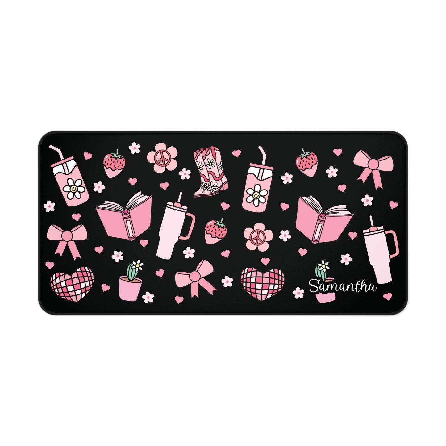 Custom Pink & Black Aesthetic Desk Mat – Personalized Name | Pink Cowgirl Boots, Books, Bows & Blossoms Design
