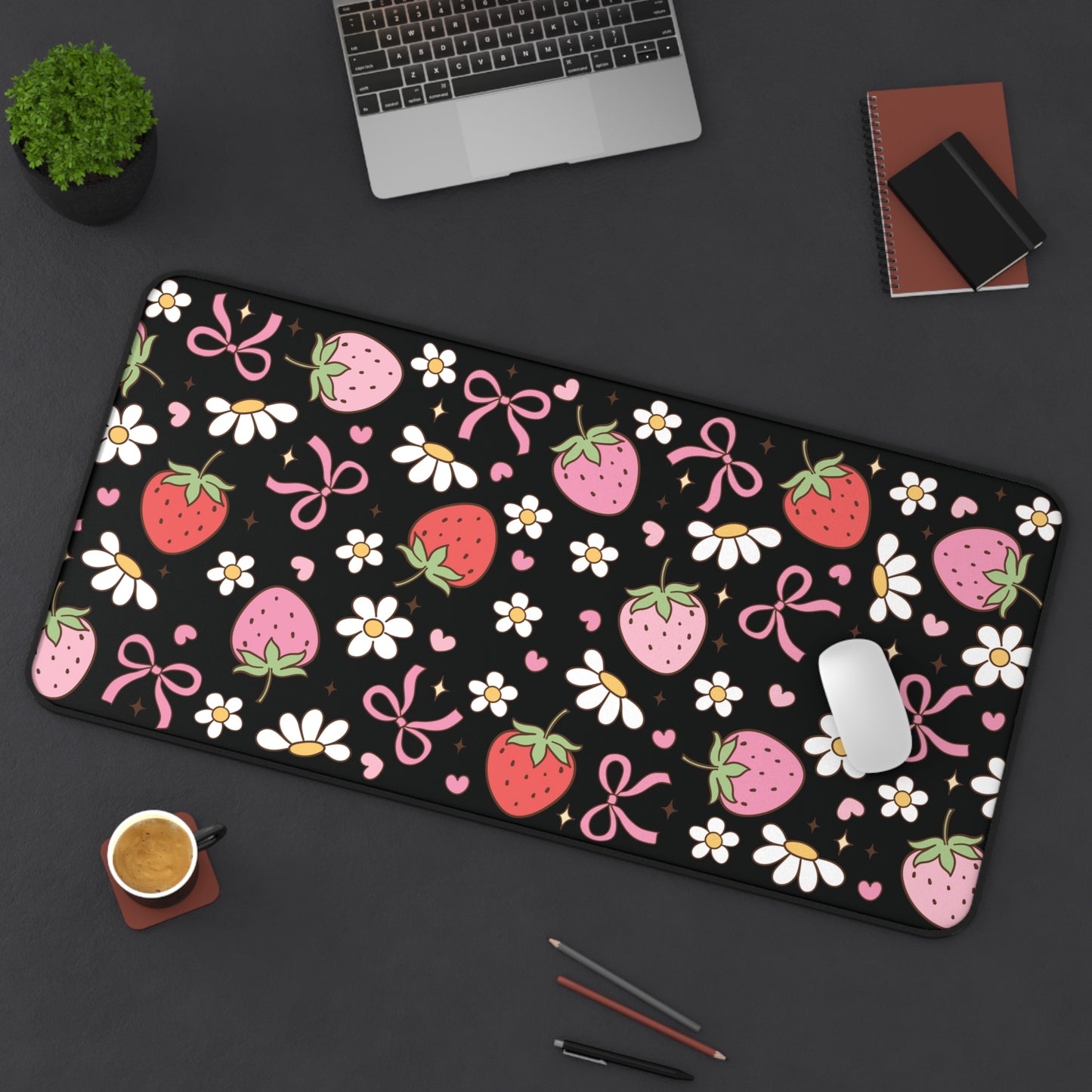 Spring Flowers and Strawberries Desk Mat | Cute Desk Pad