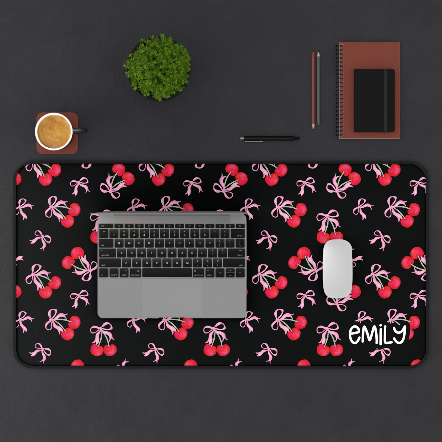 Personalized Coquette Cherries Black Desk Mat | Cute Desk Pads