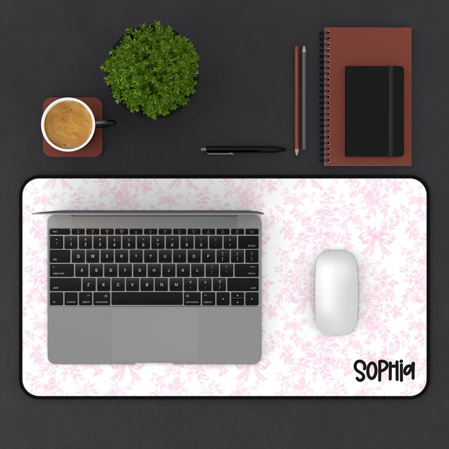 Soft Pink Damask Desk Mat — Girly Custom Name Mousepad