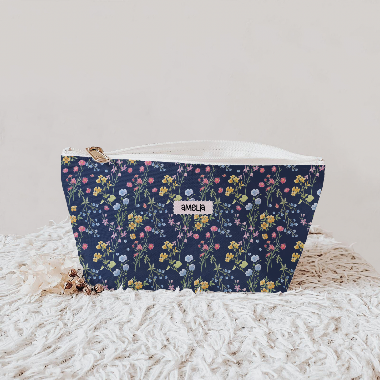 Personalized Navy Blue Floral Pouch | Floral Accesories Bag