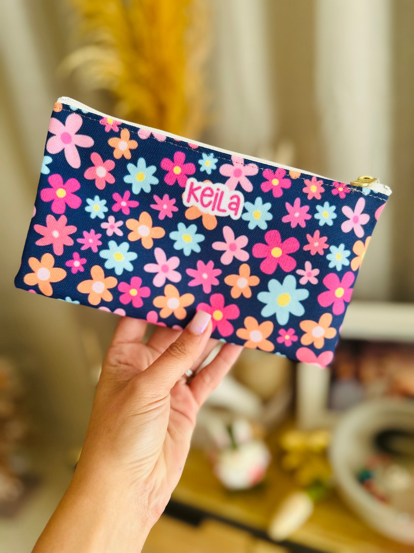 Colorful Retro Floral Design Pencase / Accesory Bag - Navy Blue
