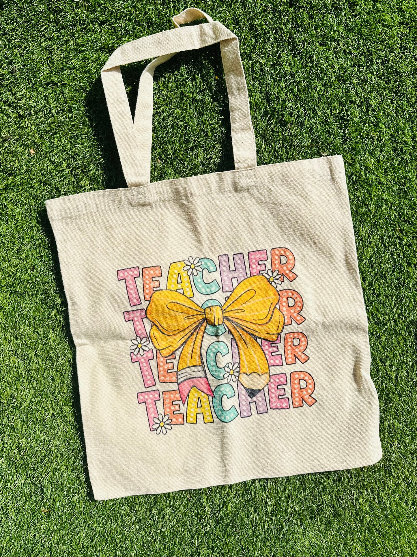 Colorful Teacher Appreciation Tote Bag with Bow Design