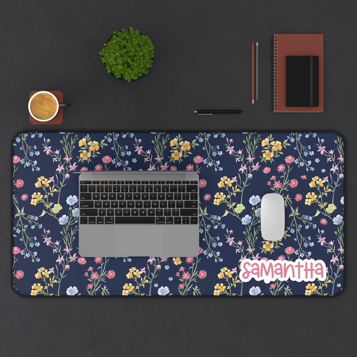 Floral Elegant Custom Desk Mat Navy Blue | Personalized Desk Mat | Cute Desk Pad