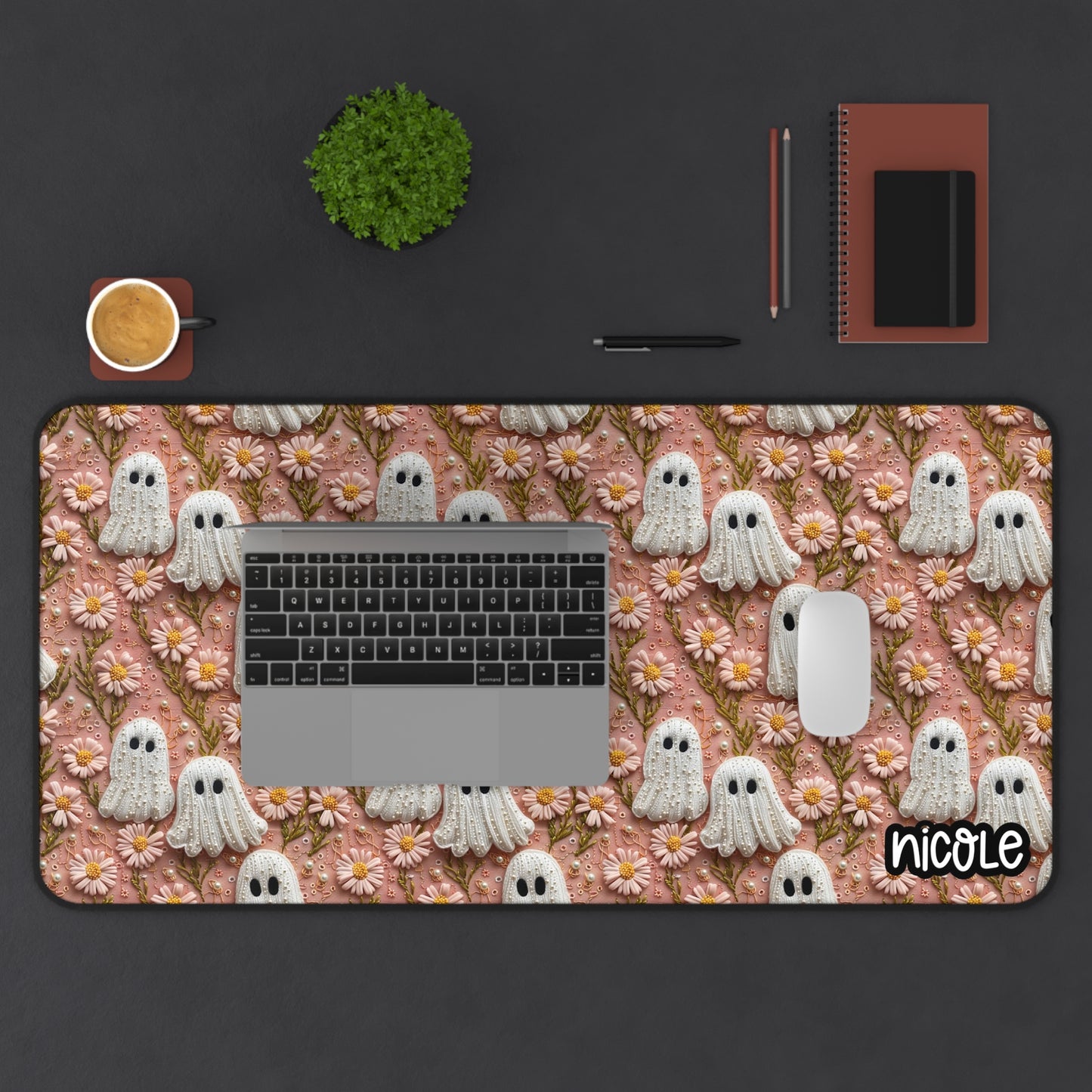 Whimsical Ghosts Desk Mat - 3D Embroidered Style Ghosty Desk Mat - Fun Home Office Decor, Spooky Season Gift, Gaming Accessories, Halloween Decor