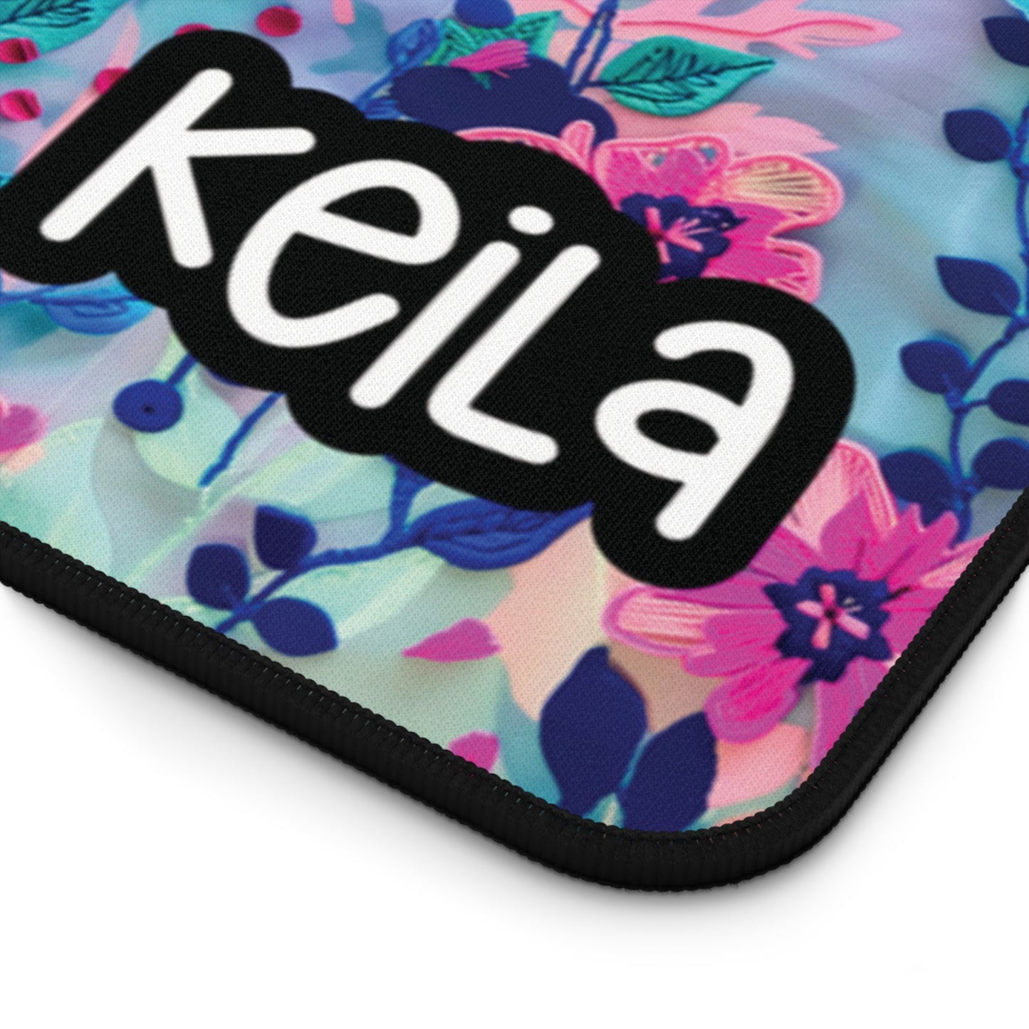Personalized Blue Floral Embroidered Style Desk Mat | Cute Desk Pads
