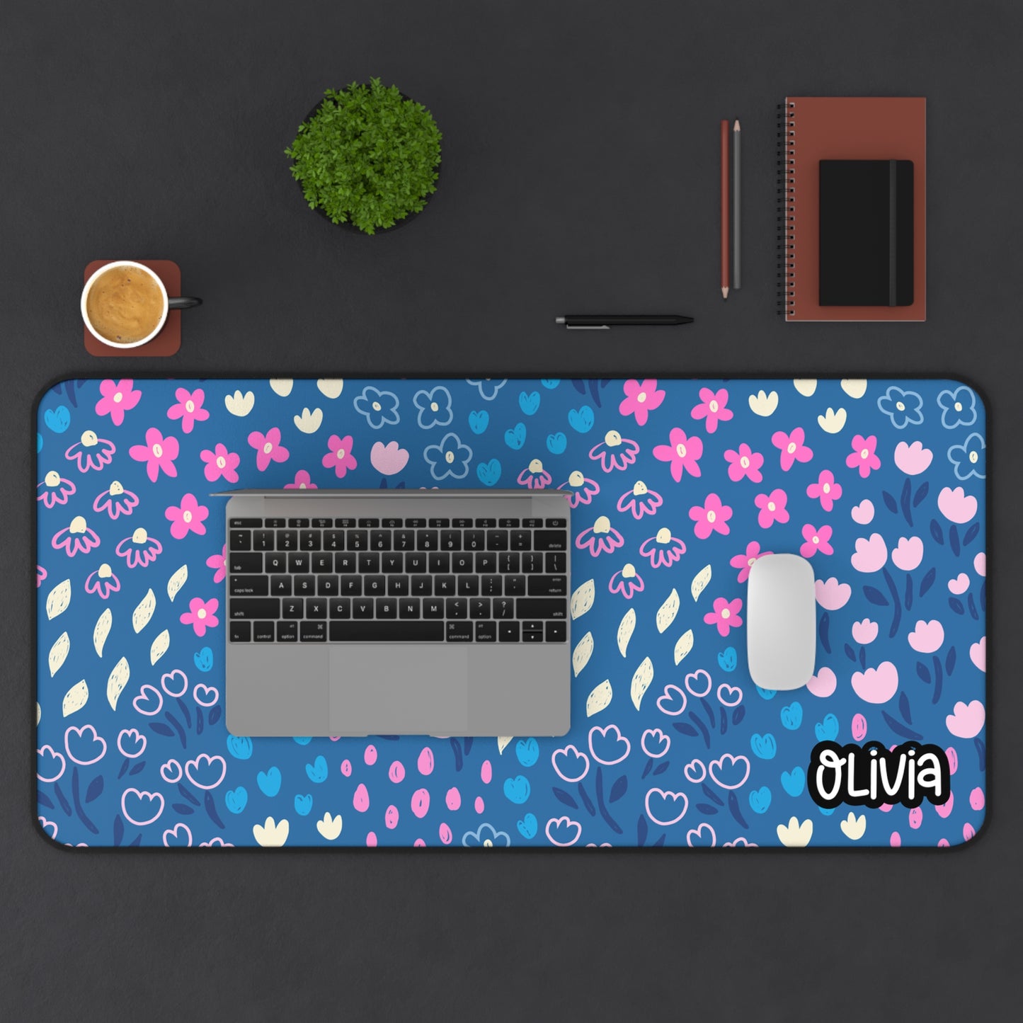 Personalized Floral Blue Background Desk Mat | Cute Desk Pad