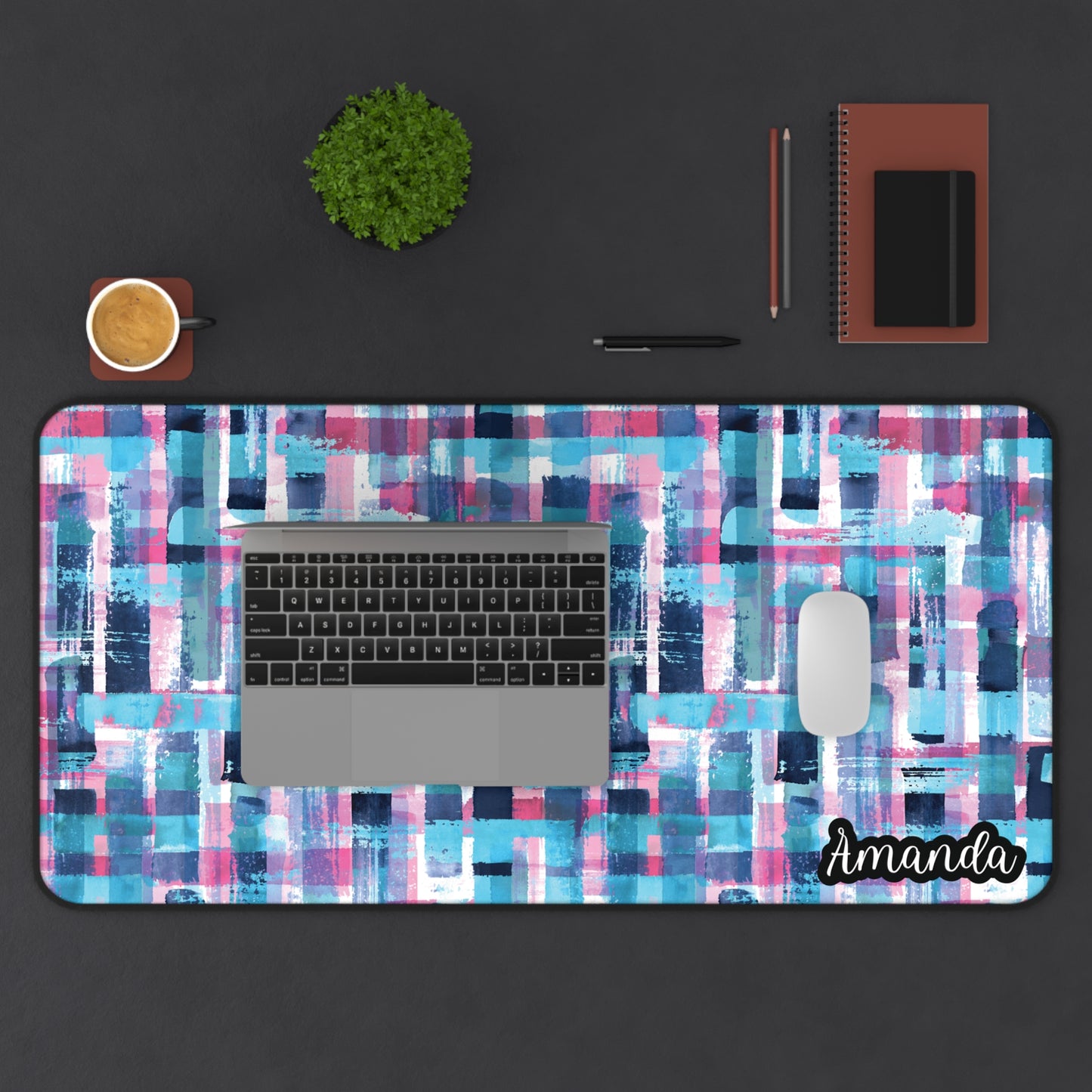 Personalized Blue and Pink Paint Brush Themed Geometric Desk Mat | Cute Desk Pad