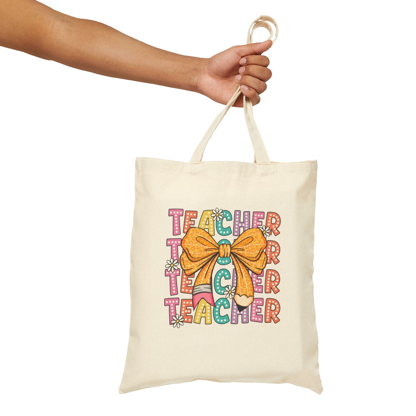 Colorful Teacher Appreciation Tote Bag with Bow Design