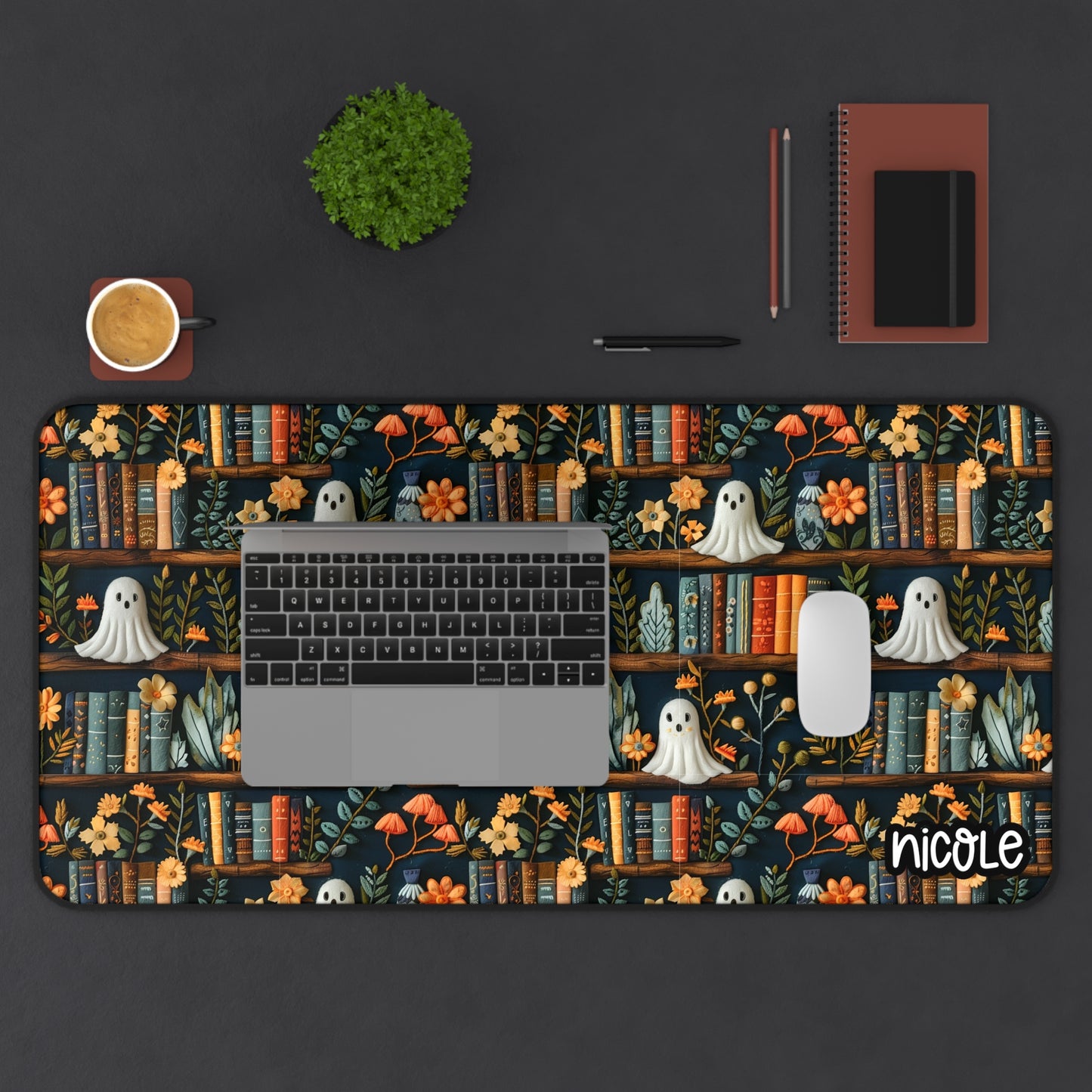 Bookish Spooky Ghost Desk Mat - Halloween Decor, Home Office, Gamer Gift, Unique Desk Accessory, Personalized Mat