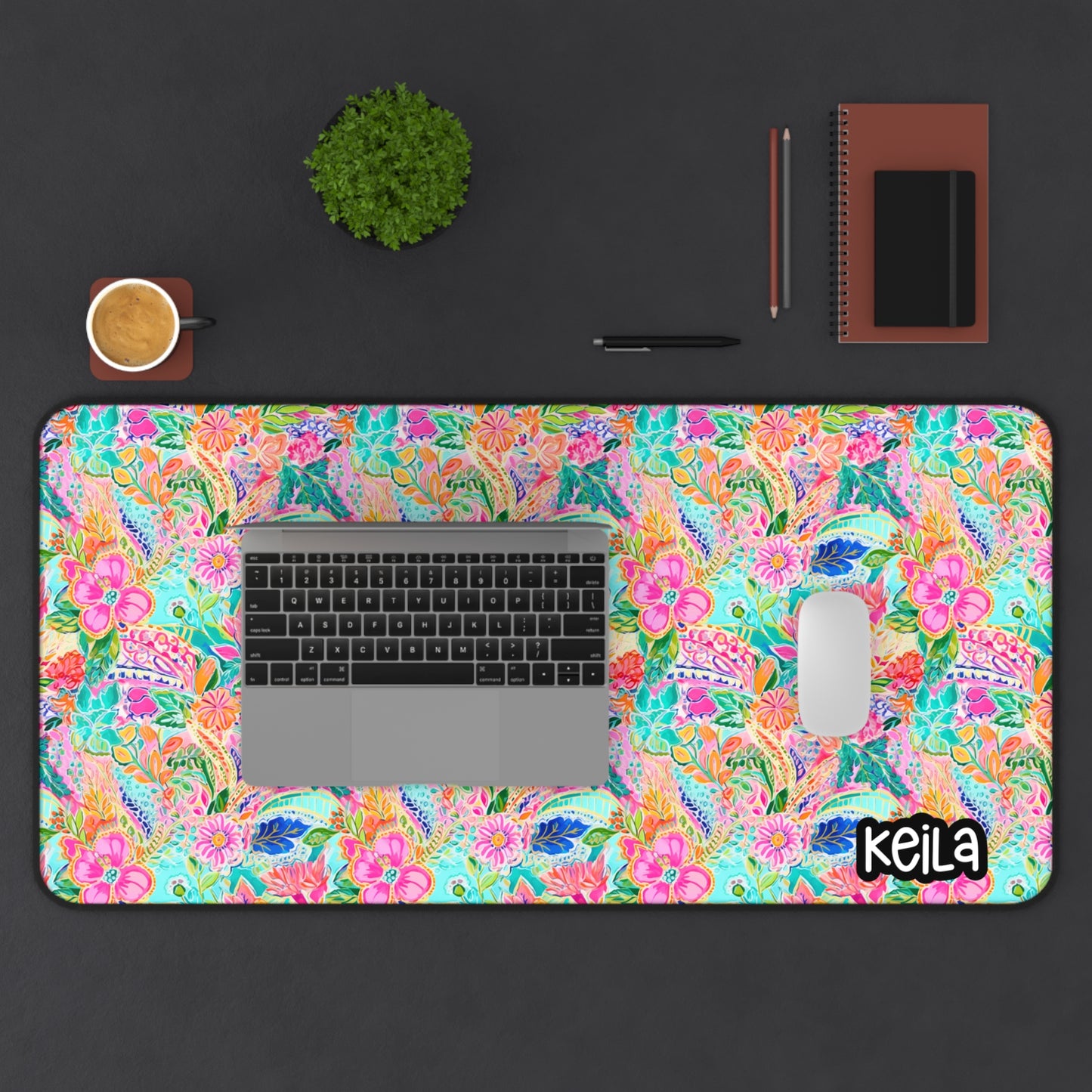 Personalized Cute Neon Colors Tropical Floral Desk Mat | Cute Desk Pads