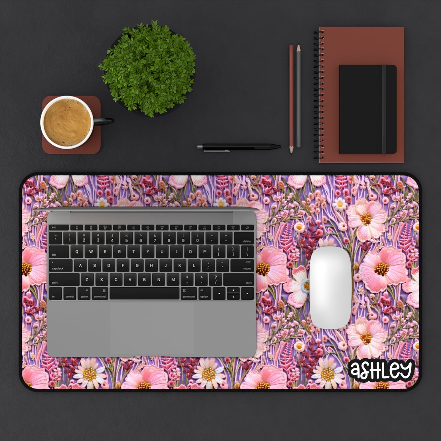 Embroidery Style Floral Desk Mat | Pink Flower Mouse Pad, Office Decor, Workspace Accessory, Gift for Her, Gaming Desk Mat