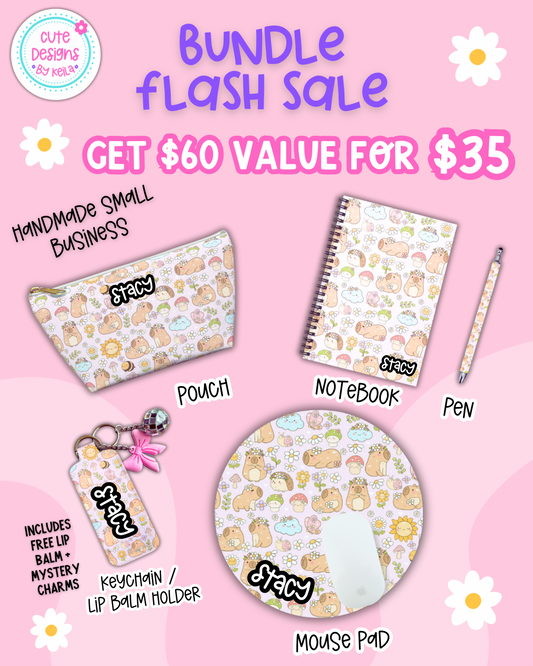 Matching Capybara mousepad, notebook, pen, pouch and bag charm/key chain lip balm holder (pink)- Personalization option available!