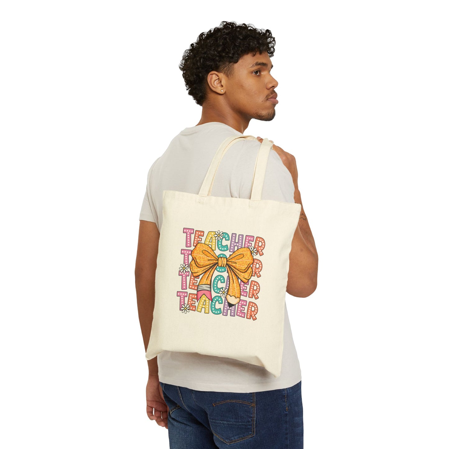 Colorful Teacher Appreciation Tote Bag with Bow Design