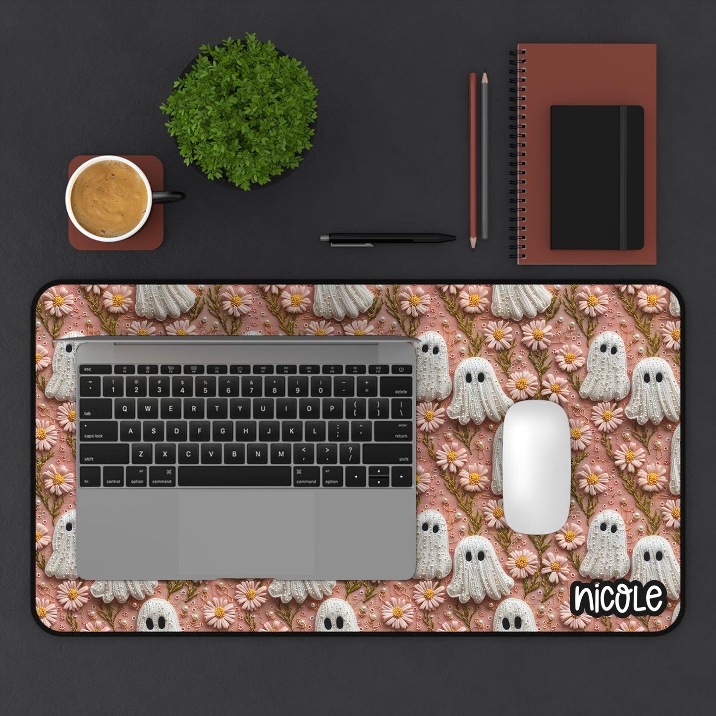 Whimsical Ghosts Desk Mat - 3D Embroidered Style Ghosty Desk Mat - Fun Home Office Decor, Spooky Season Gift, Gaming Accessories, Halloween Decor