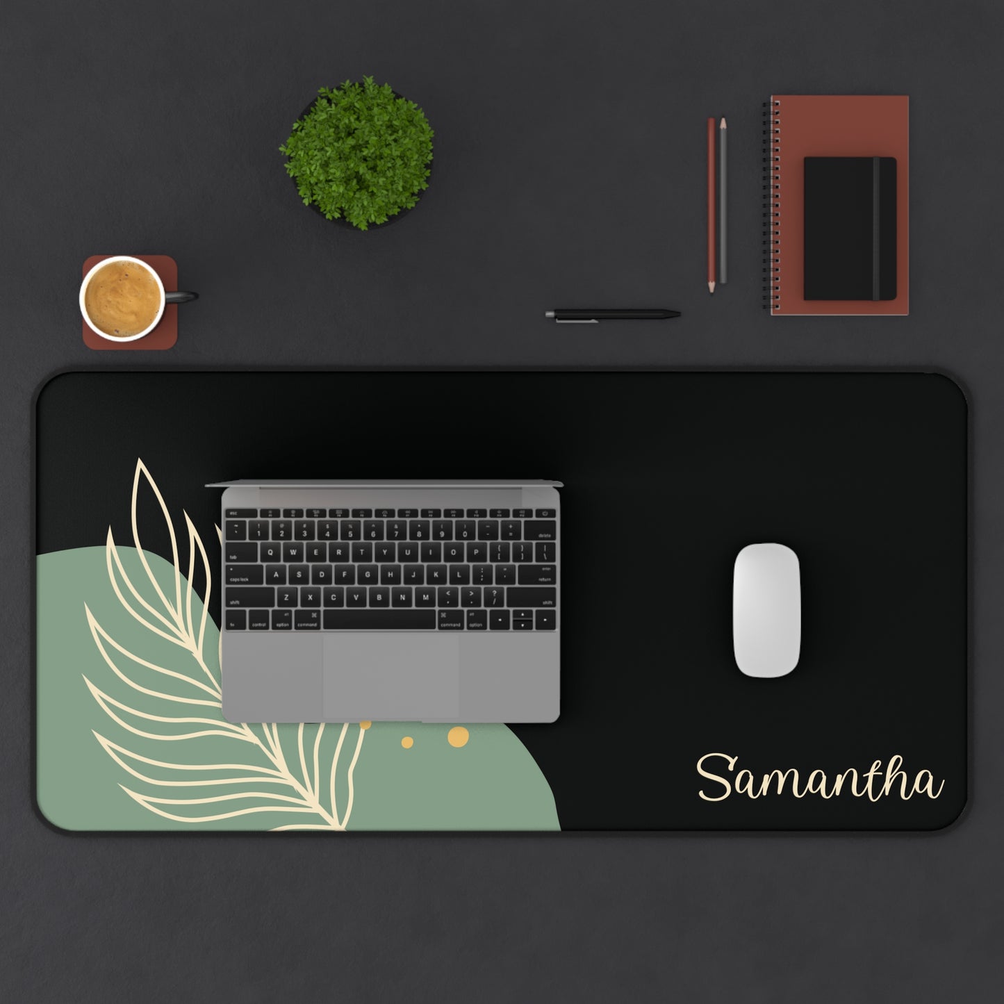 Personalized Boho Golden Leaf Black Desk Mat | Cute Desk Pad