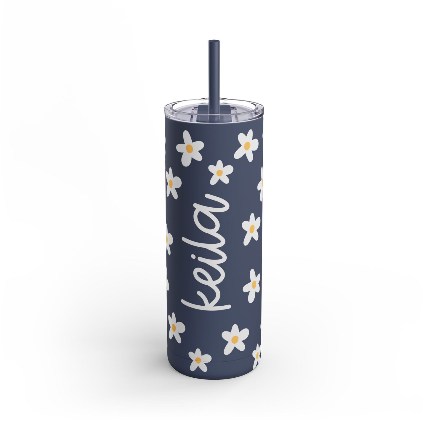 Personalized Daisy Pattern 20oz Skinny Matte Tumbler - Floral Insulated Travel Cup with Straw
