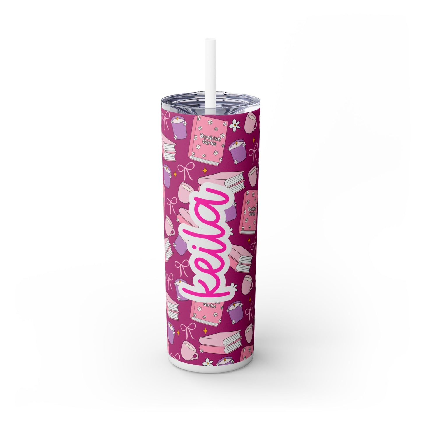 Personalized Bookish Girlie Skinny Tumbler - Pink 20oz Tumbler with Straw