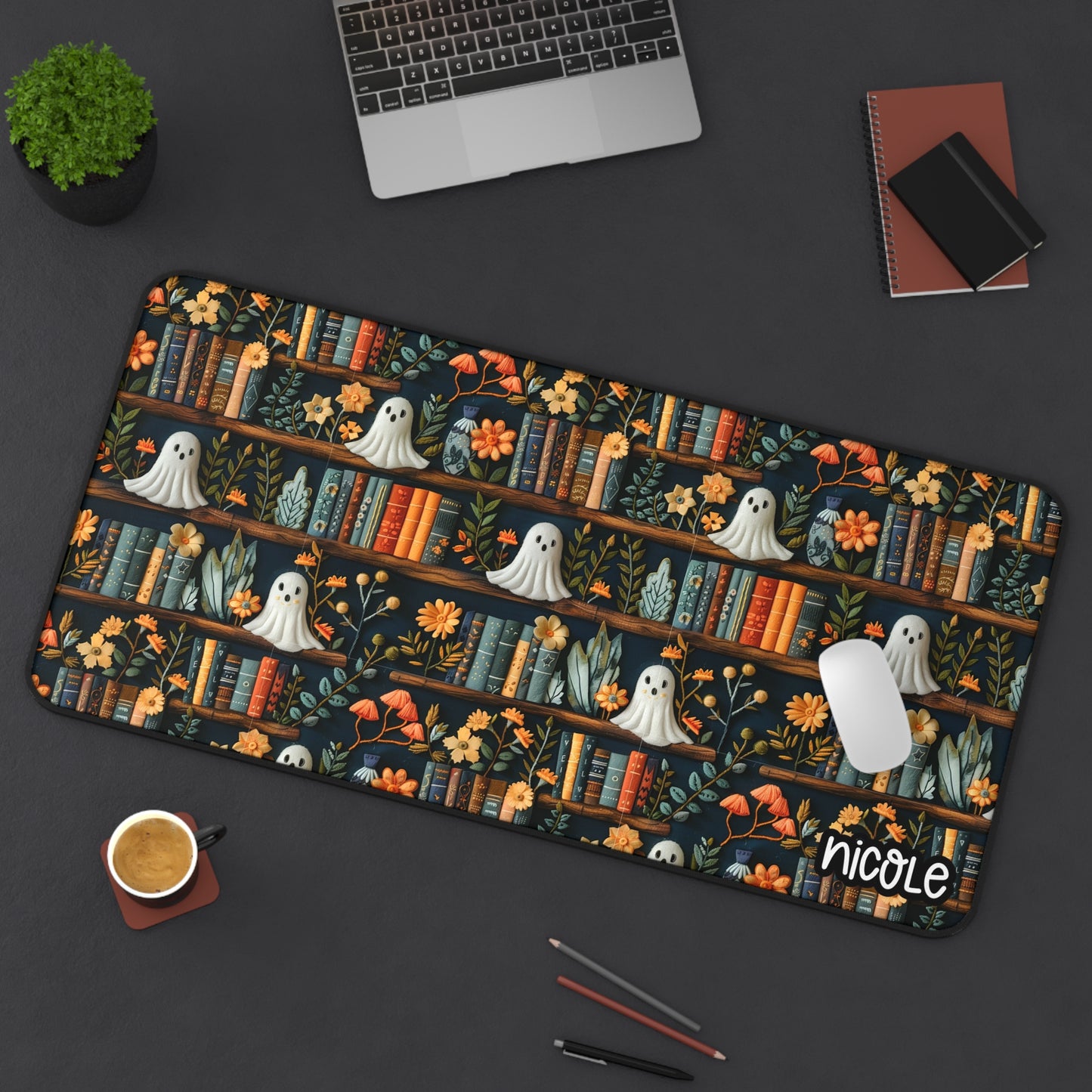 Bookish Spooky Ghost Desk Mat - Halloween Decor, Home Office, Gamer Gift, Unique Desk Accessory, Personalized Mat