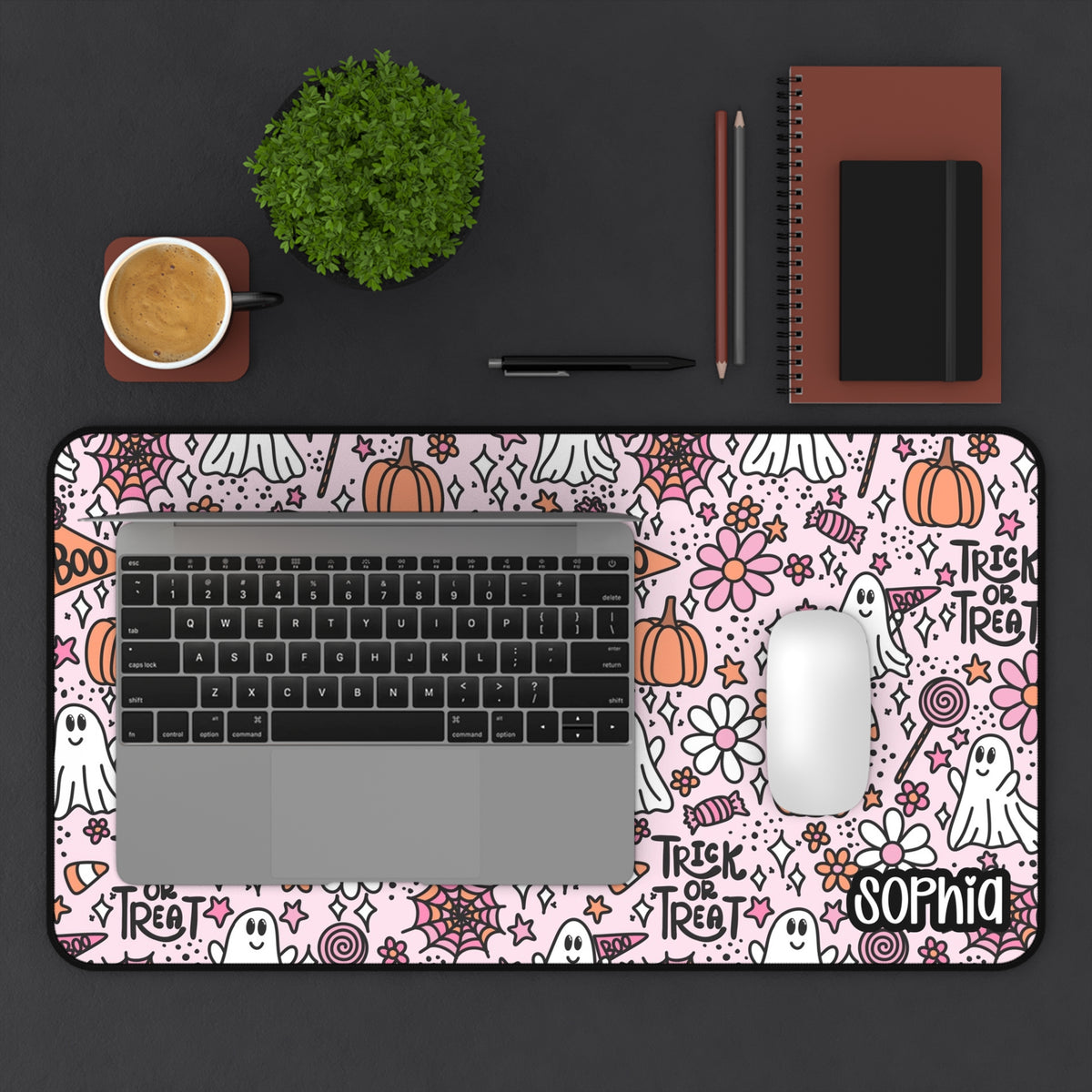 Pink Trick or Treat Desk Mat | Cute Ghost & Pumpkin Halloween Desk Pad | Personalized Spooky Desk Decor