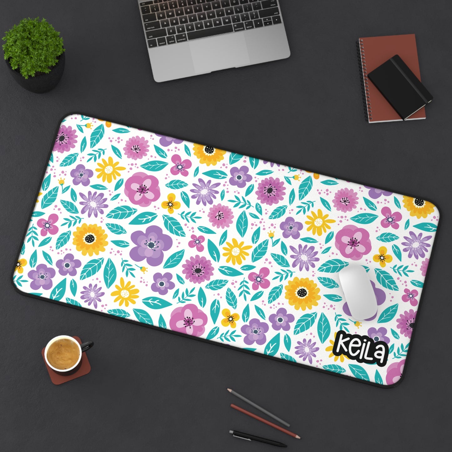 Personalized Pink and Purple Flowers Desk Mat | Cute Desk Pads