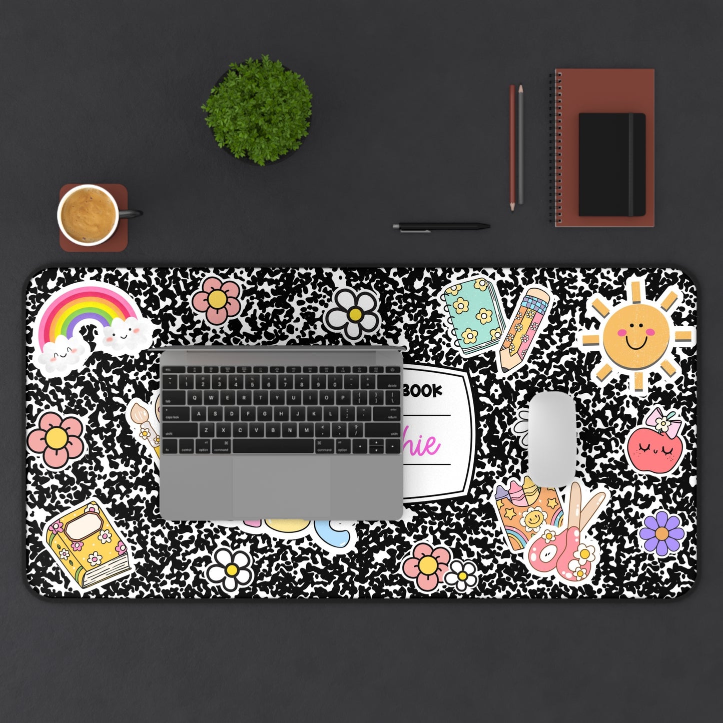 Cute Composition Book Desk Mat for Teachers, Personalized Office Decor, Classroom Gift, Rainbow and Sunshine Design