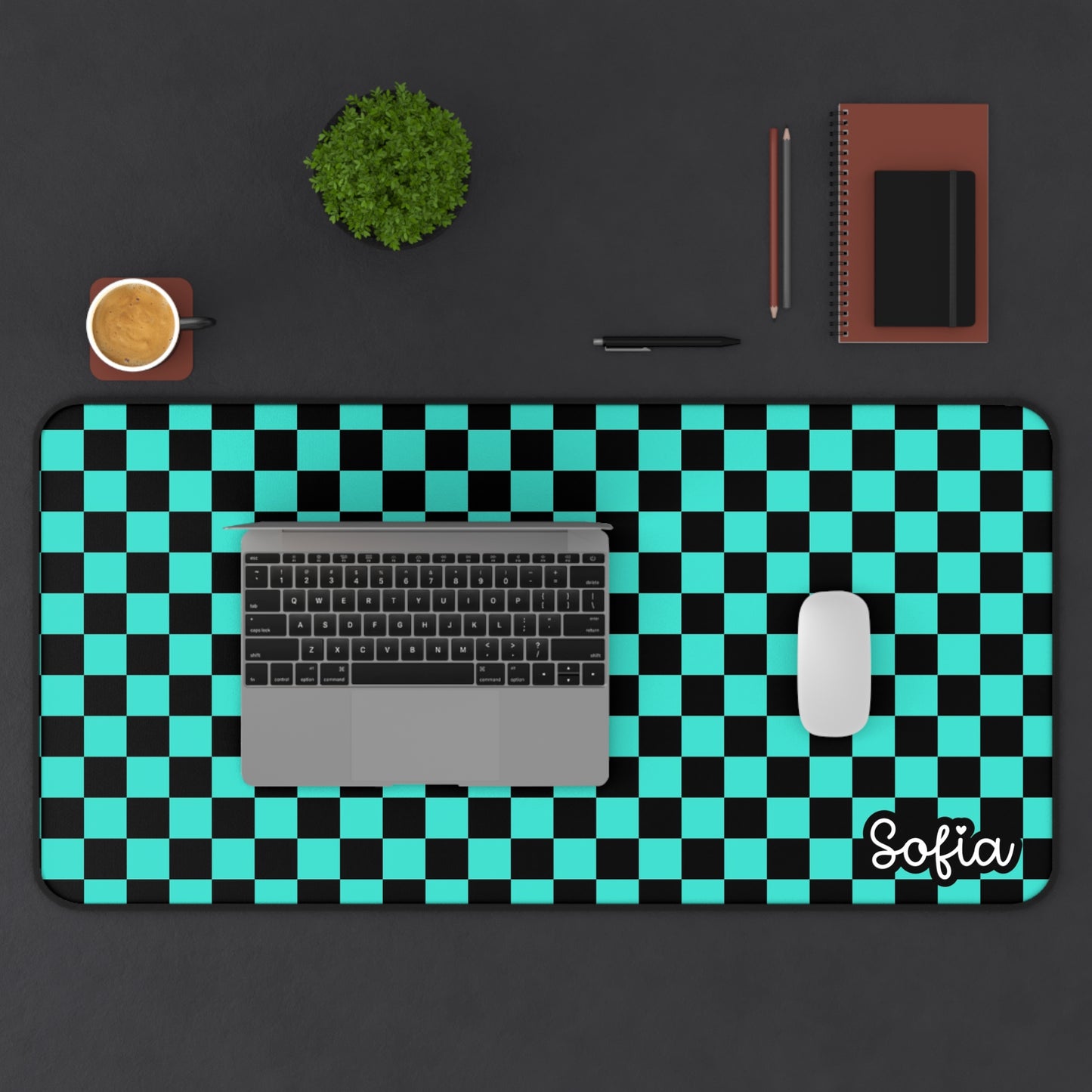 Personalized Checkerboard Desk Mat (black & turquoise checkers) - Custom Office Accessories, Office Decor, Gift for Him/Her, Gaming Mat, Student Supplies