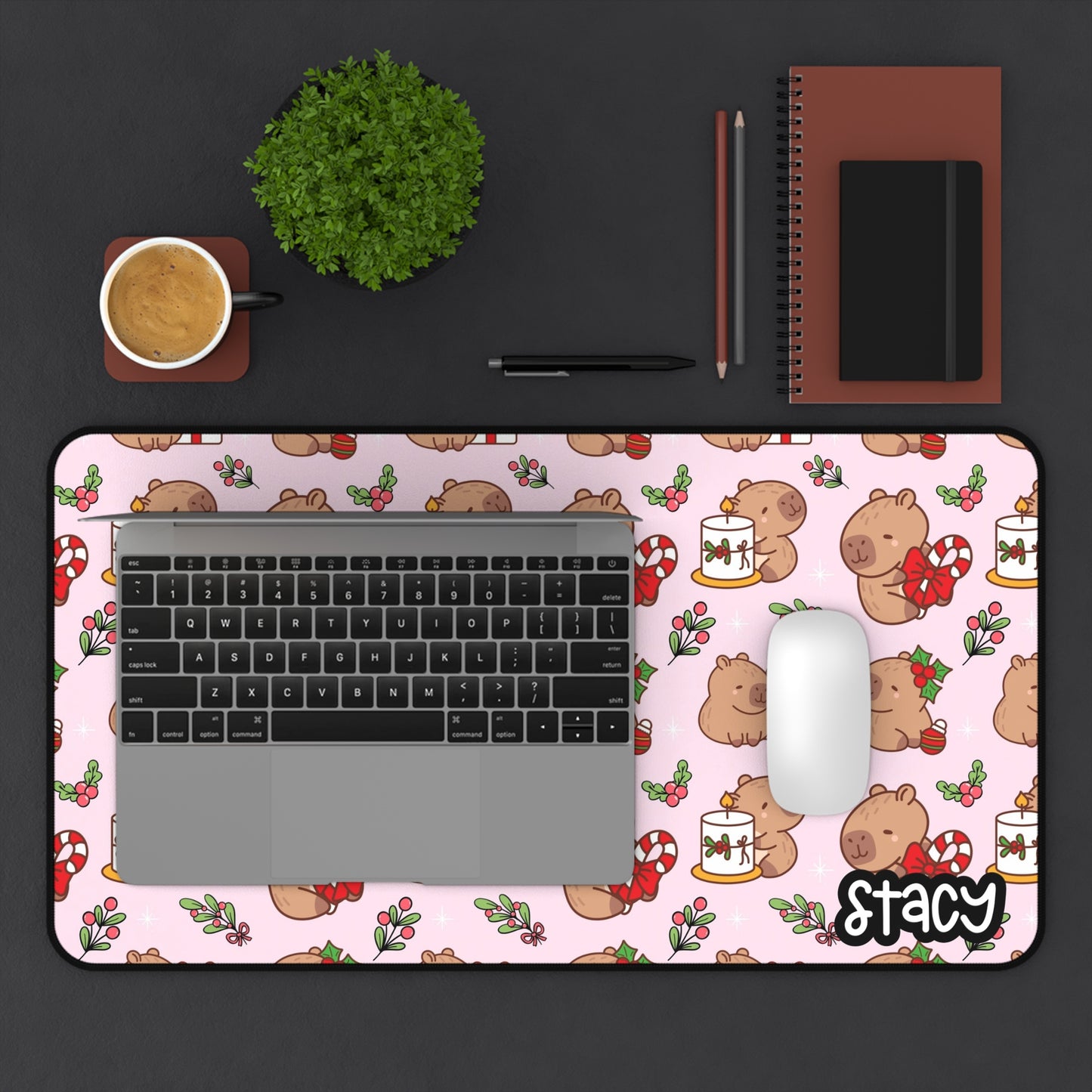 Cute Christmas Capybara Desk Mat (pink) with Personalization