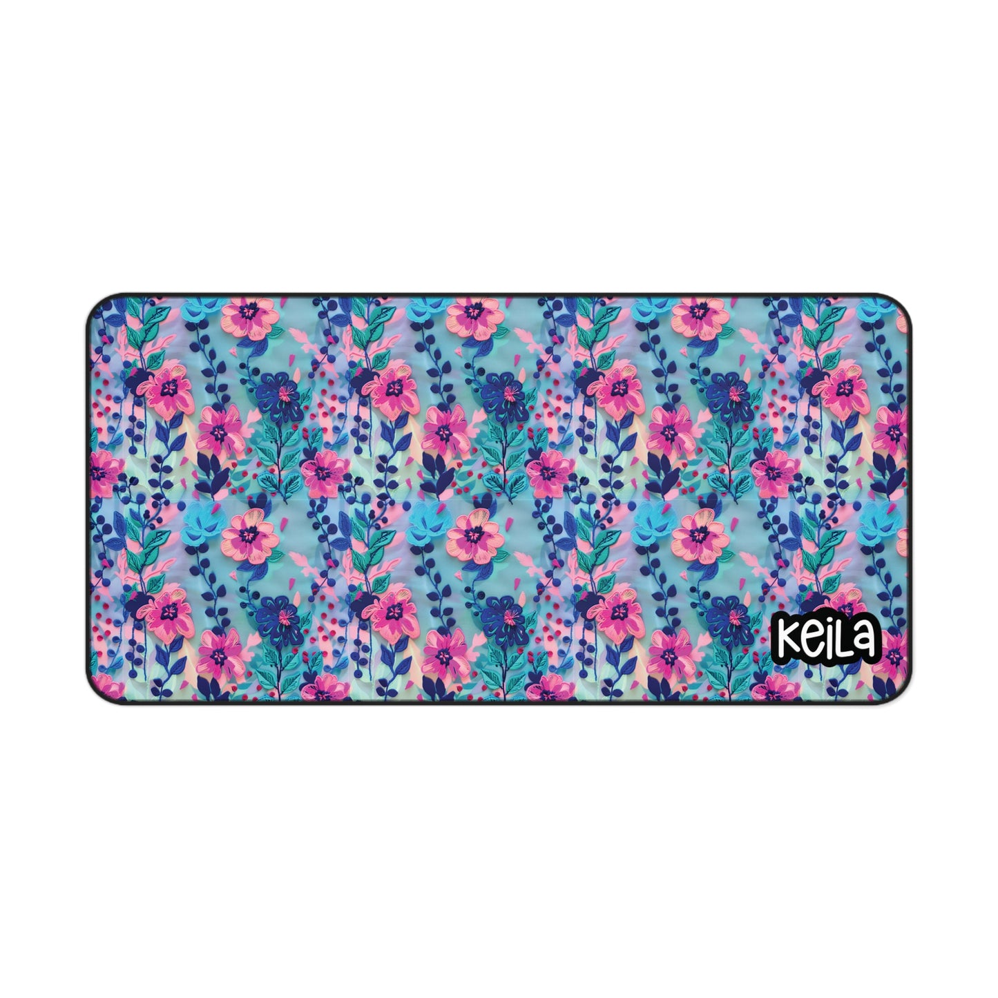 Personalized Blue Floral Embroidered Style Desk Mat | Cute Desk Pads
