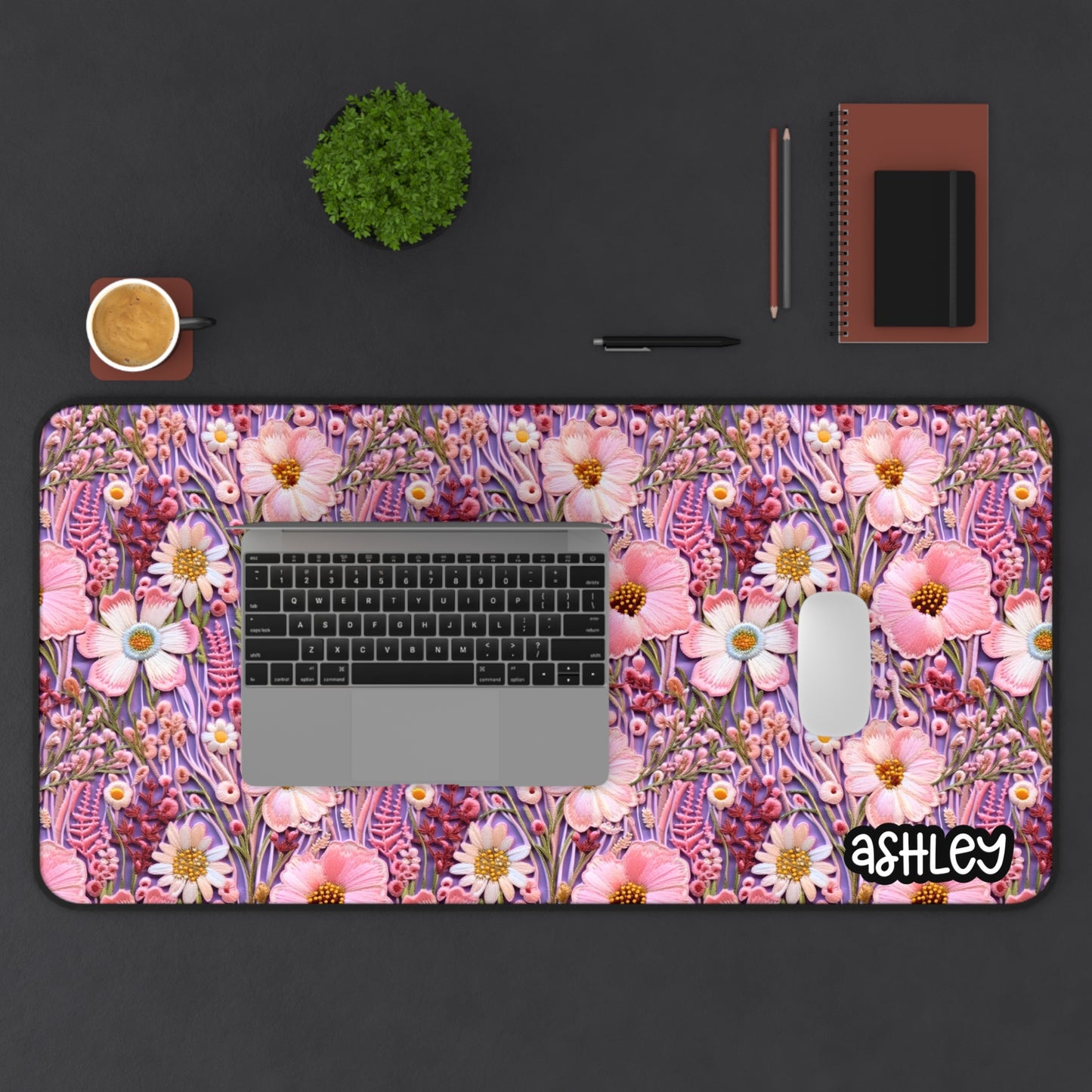 Embroidery Style Floral Desk Mat | Pink Flower Mouse Pad, Office Decor, Workspace Accessory, Gift for Her, Gaming Desk Mat