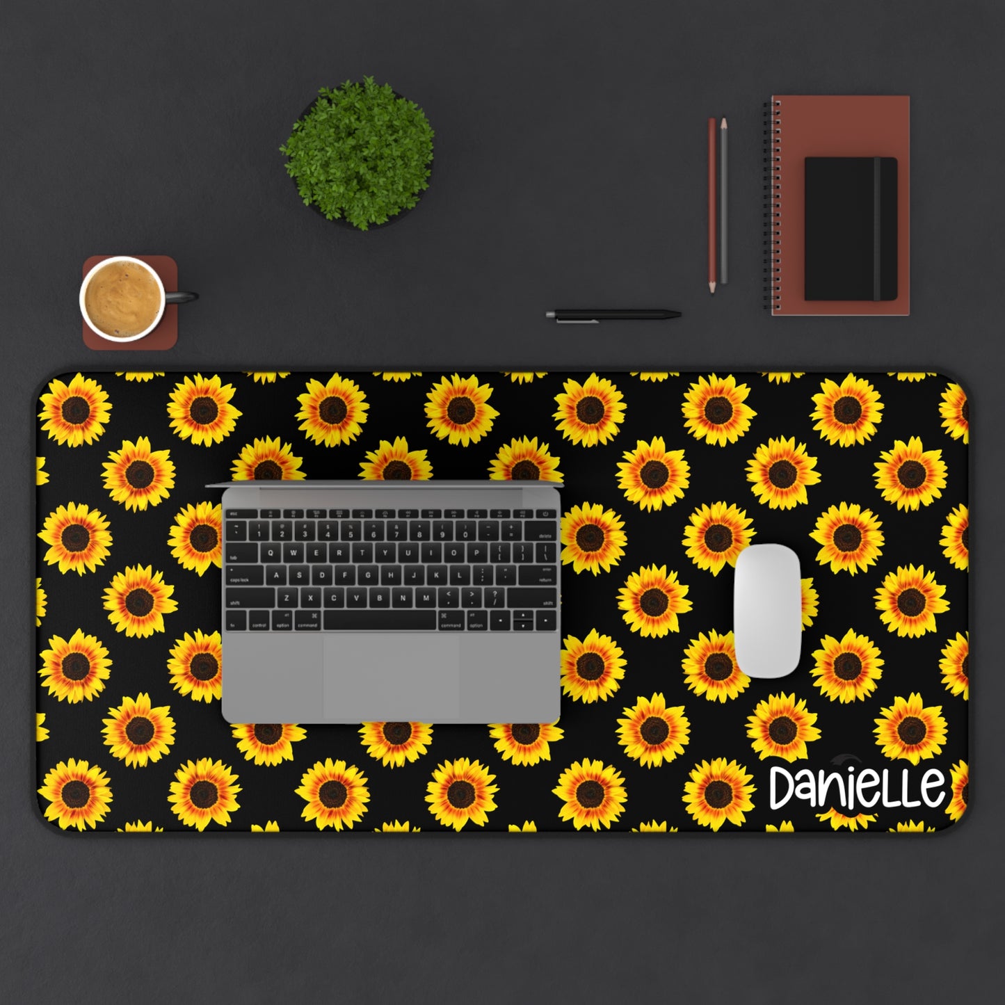Sunflower Personalized Desk Mat Black - Floral Office Decor