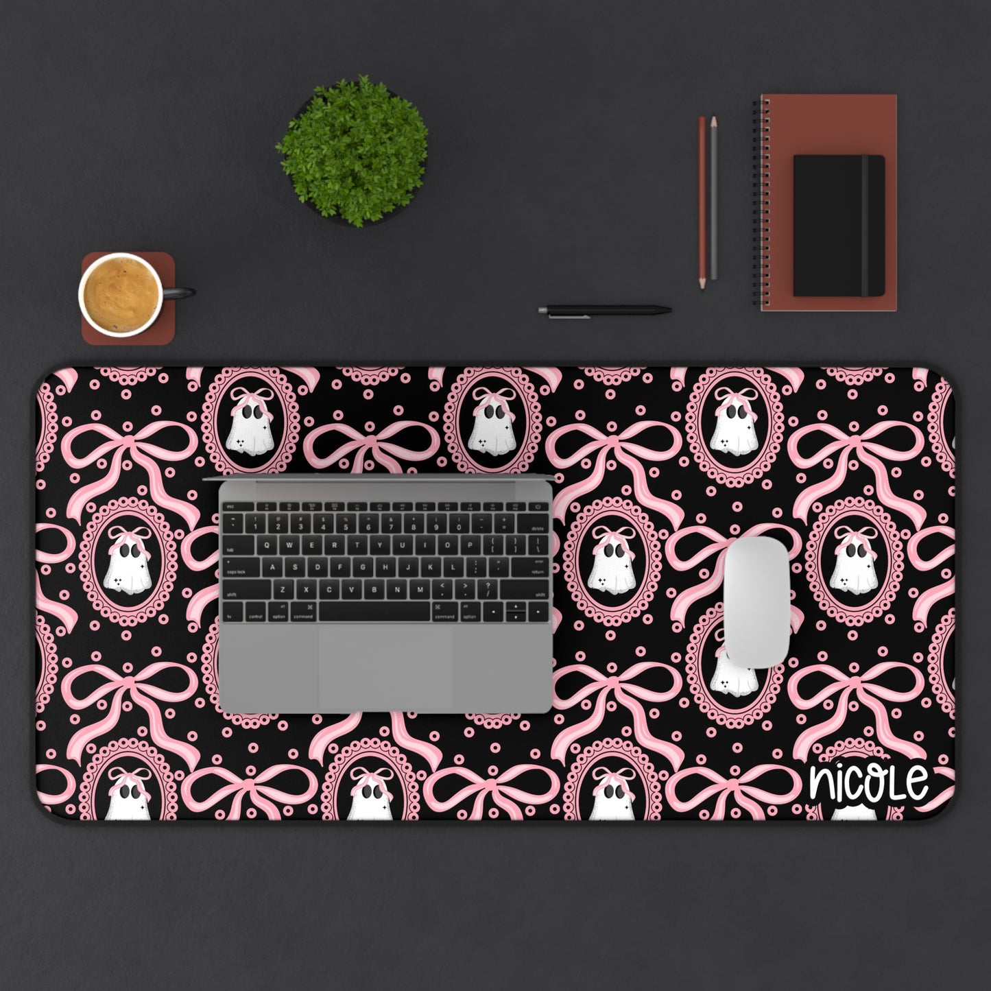 Cute Coquette Ghosty Desk Mat with Bows | Office Decor, Workstation Mat, Gamer Mouse Pad, Aesthetic Desk Accessories, Personalized Gift