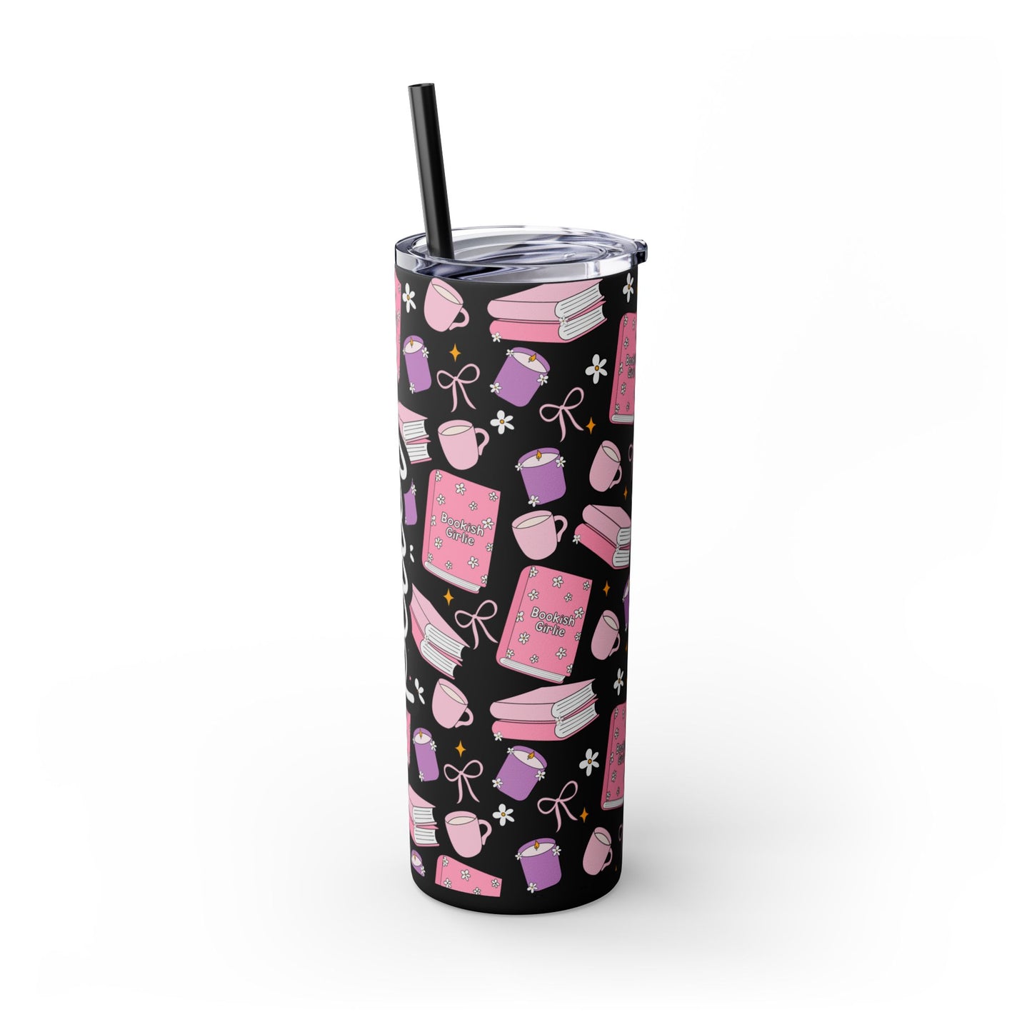 Personalized Bookish Girlie Skinny Tumbler - Black 20oz Tumbler with Straw
