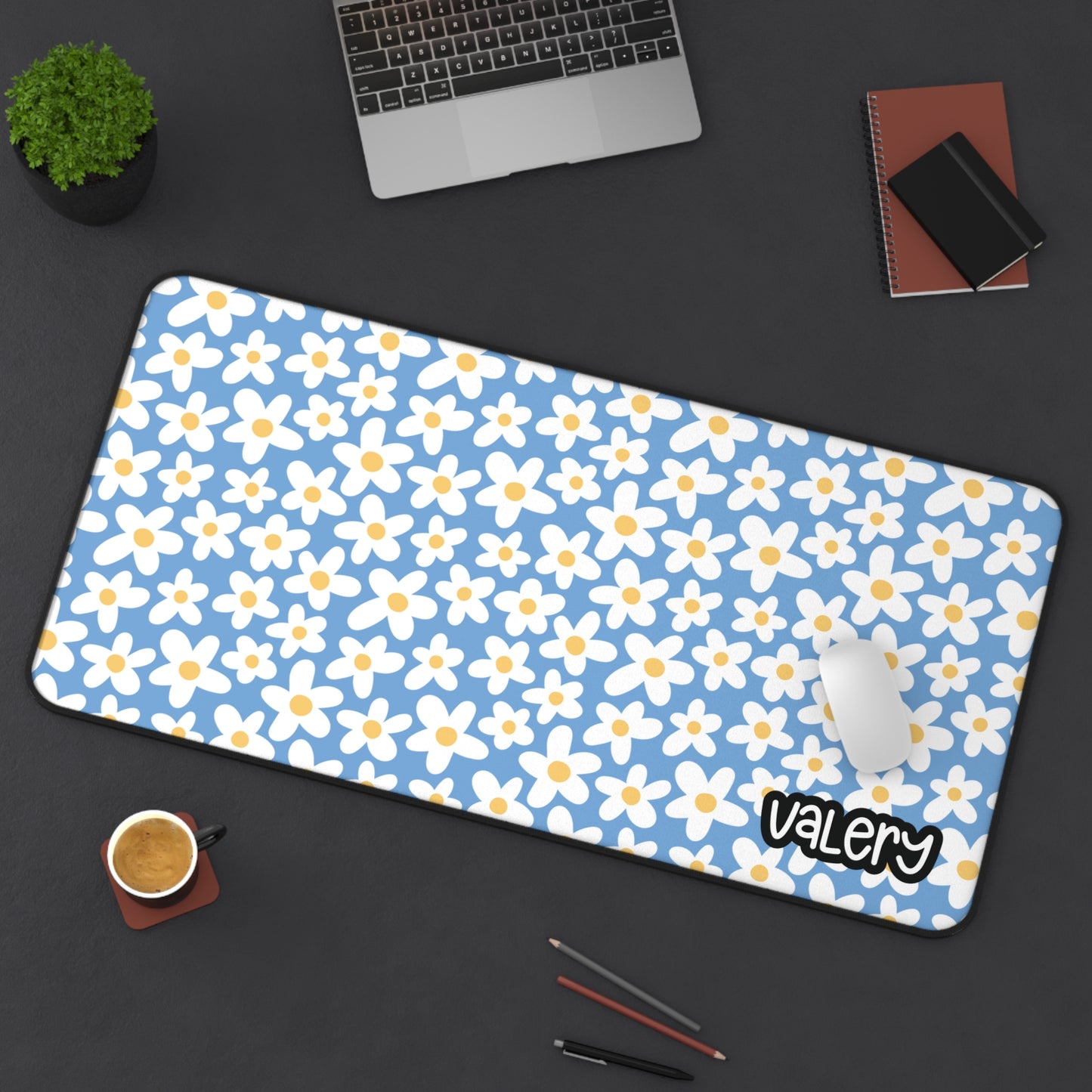 Personalized Cute Daisies Desk Mat Baby Blue| Cute Desk Pad