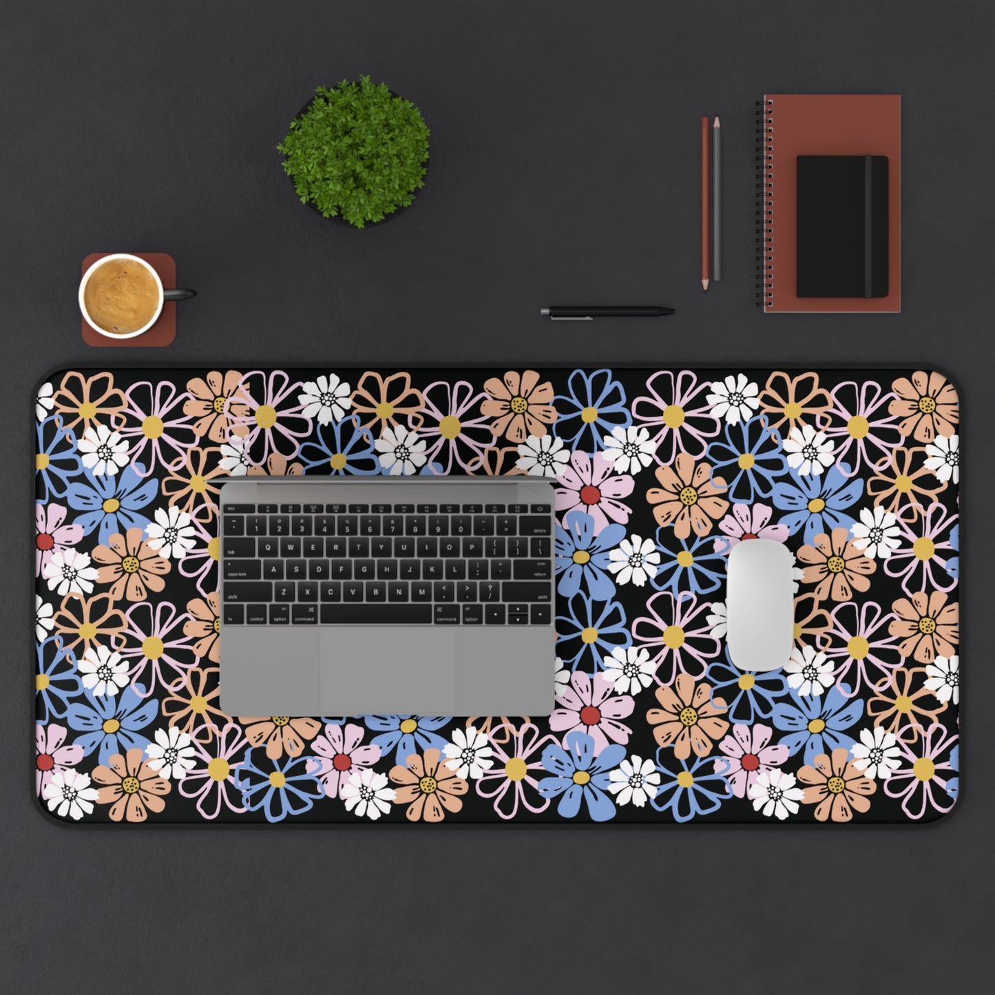 Spring Flowers Desk Mat Black | Cute Desk Pad