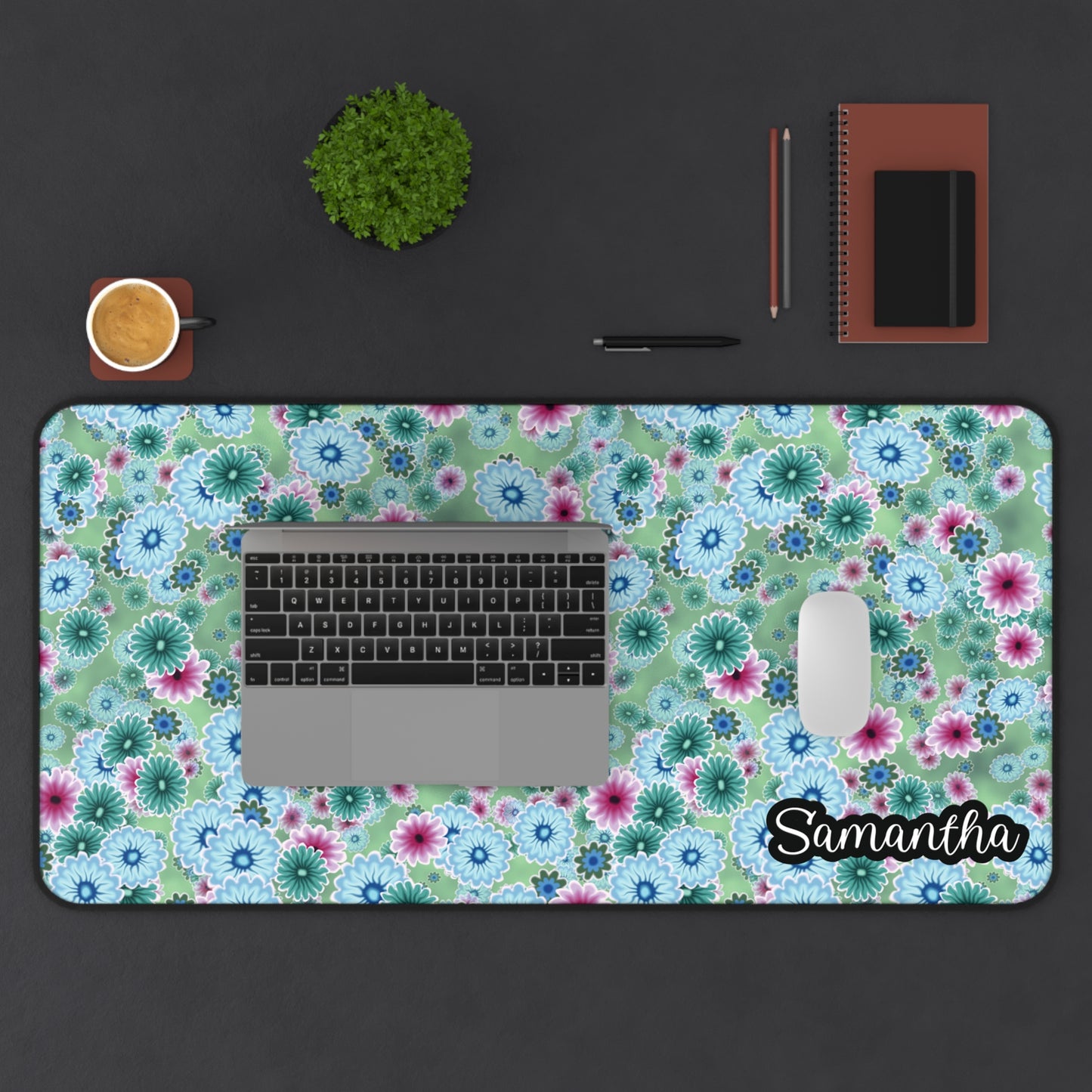 Personalized Teal Flowers Desk Mat | Cute Desk Pad