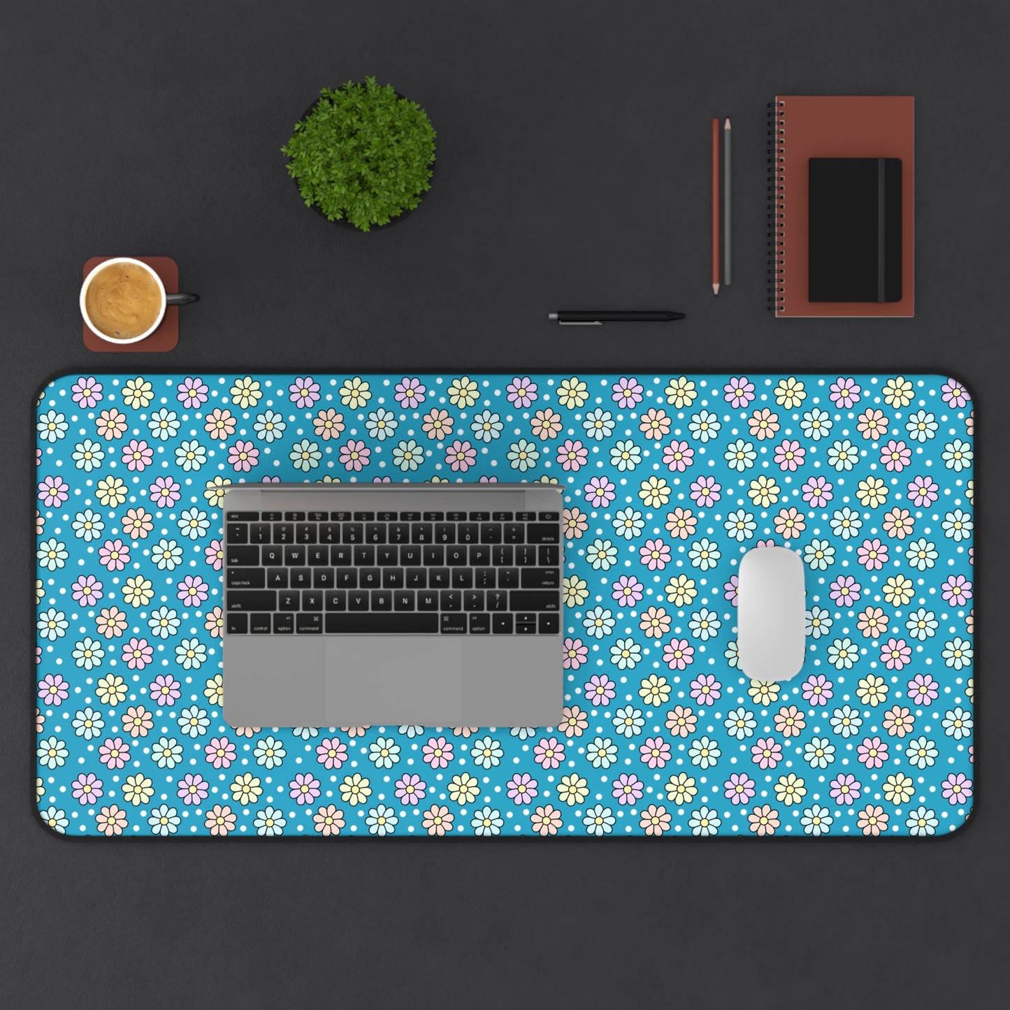 Floral Desk Mat - Vibrant Turquoise Flower Pattern for Home Office & Study