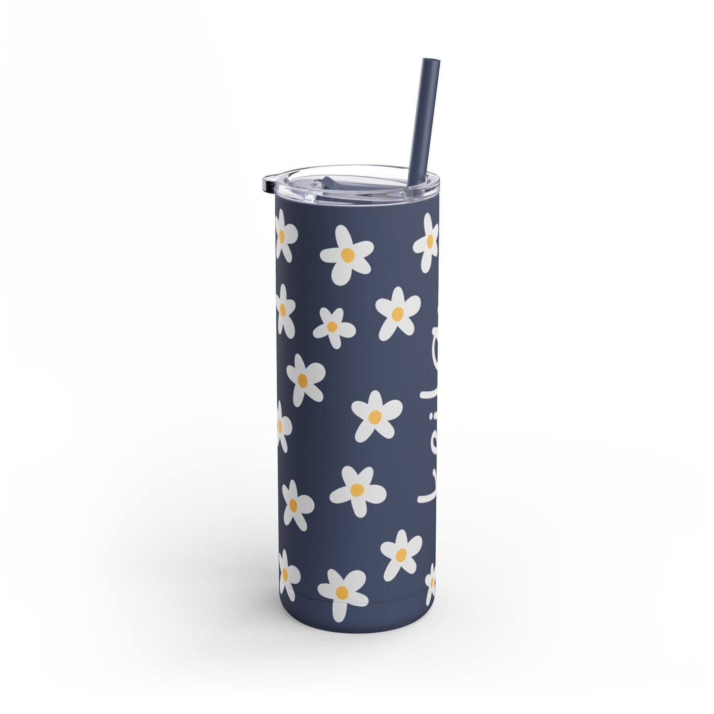 Personalized Daisy Pattern 20oz Skinny Matte Tumbler - Floral Insulated Travel Cup with Straw
