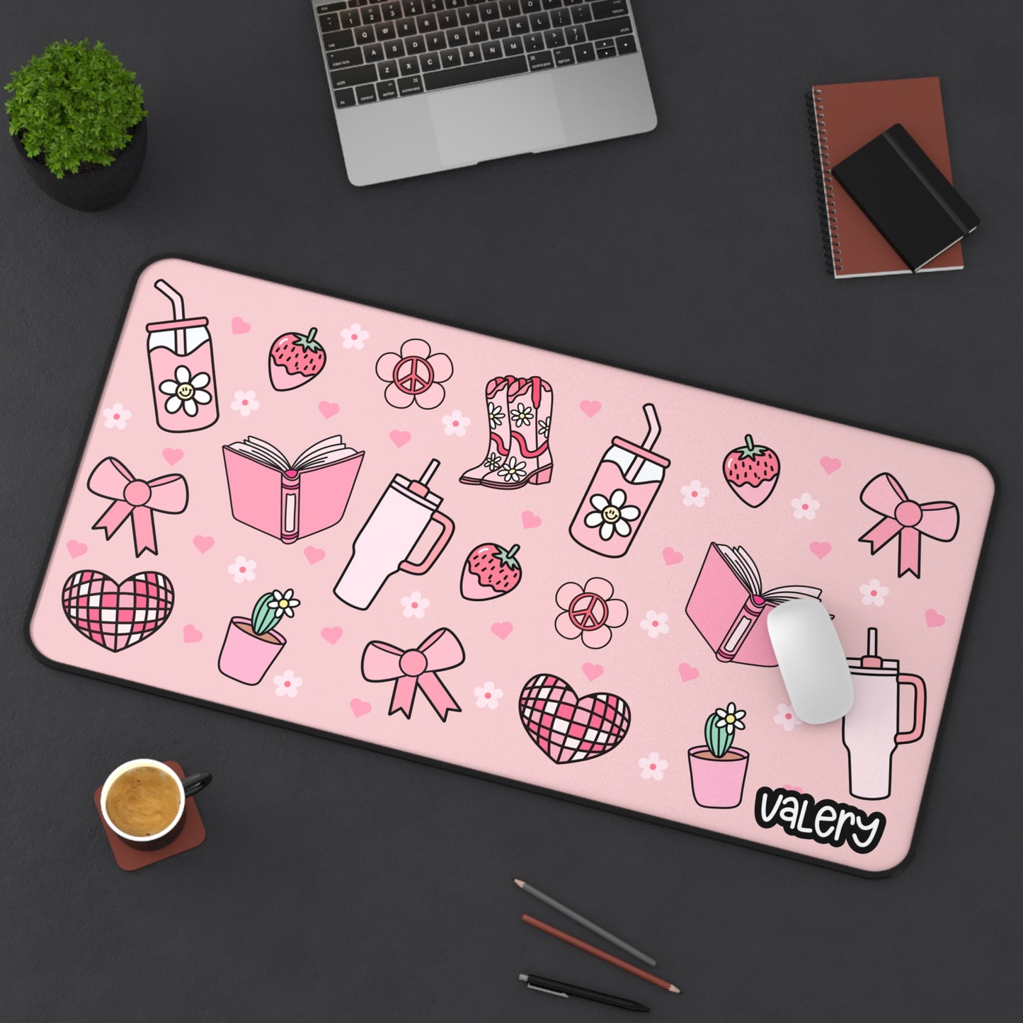 Pink Aesthetic Desk Mat – Personalized Name | Pink Cowgirl Boots, Books, Bows & Blossoms Design