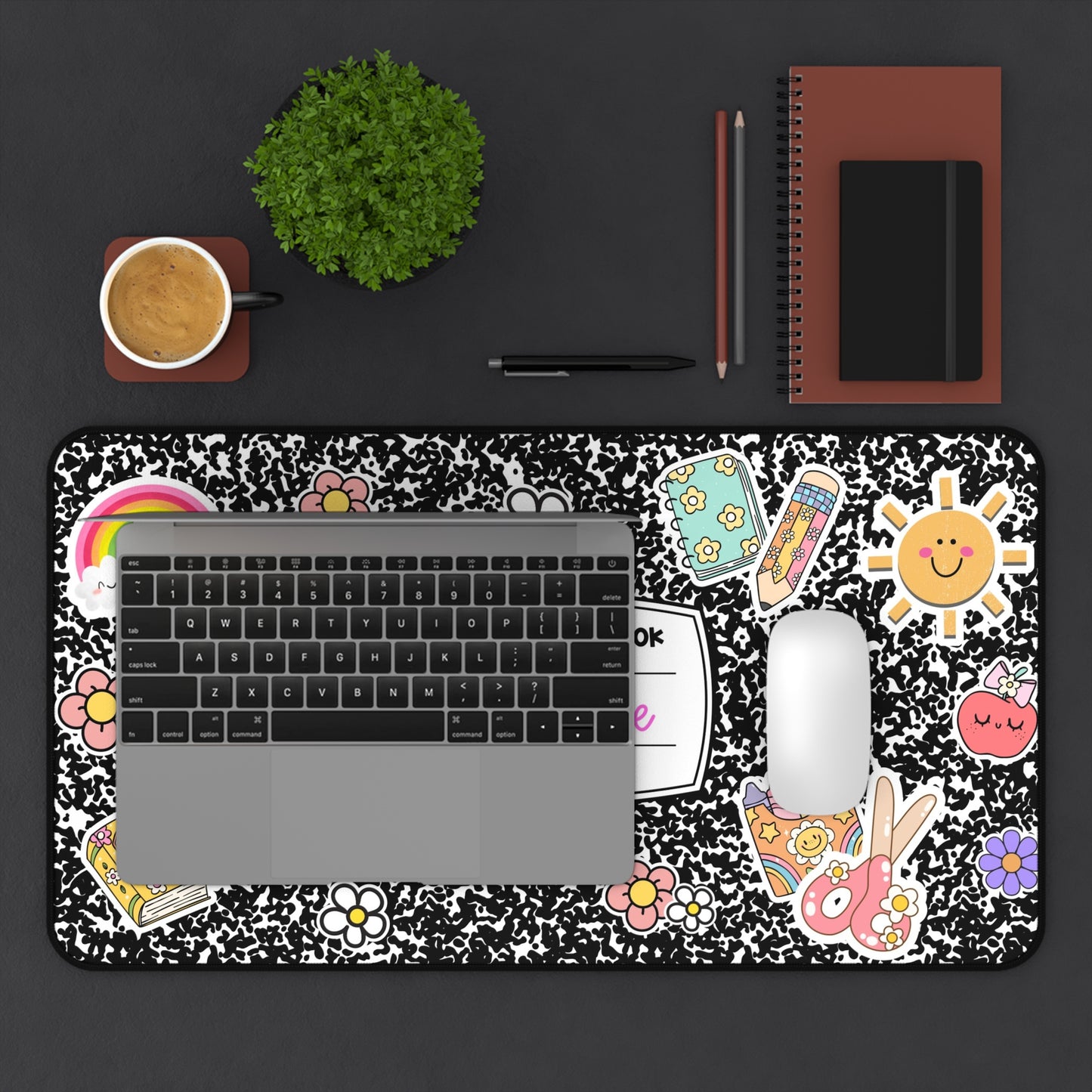 Cute Composition Book Desk Mat for Teachers, Personalized Office Decor, Classroom Gift, Rainbow and Sunshine Design