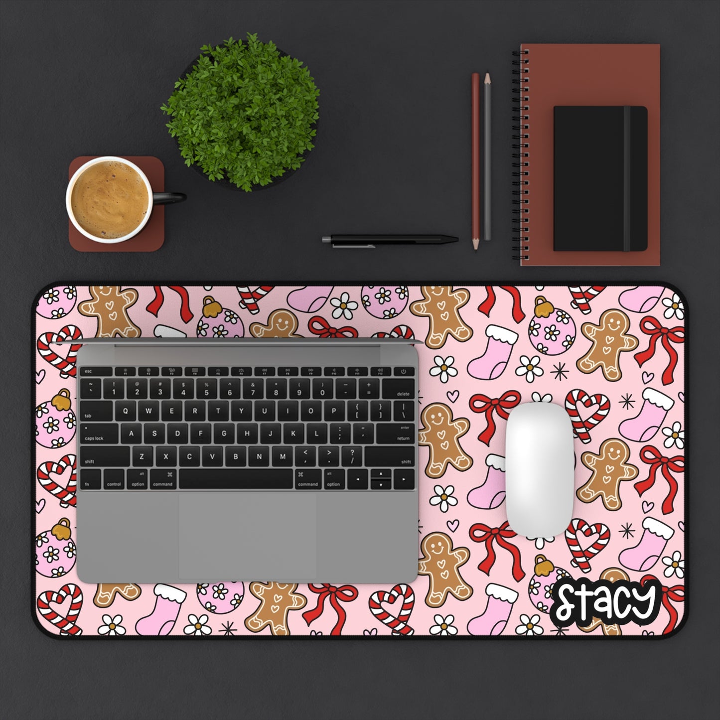 Pink Gingerbread & Christmas Stockings Desk Mat