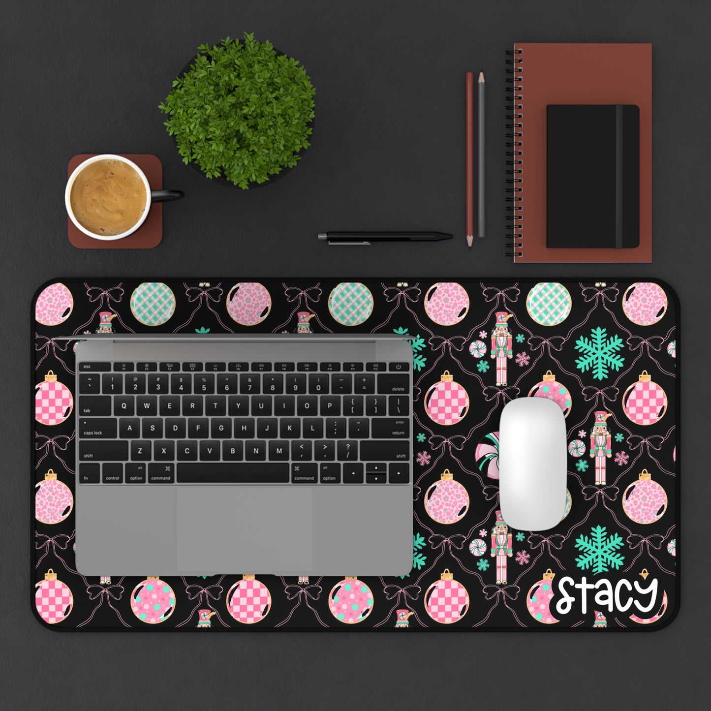 Coquette Nutcracker Holiday Desk Mat with Ornaments and Snowflakes (black)