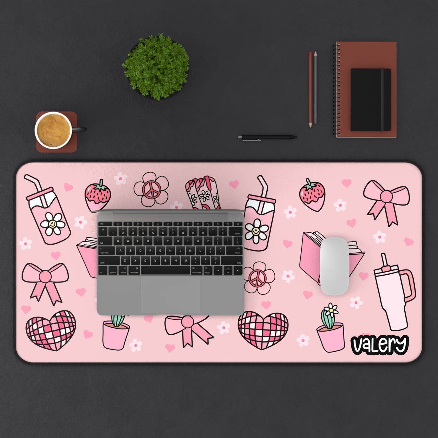 Pink Aesthetic Desk Mat – Personalized Name | Pink Cowgirl Boots, Books, Bows & Blossoms Design