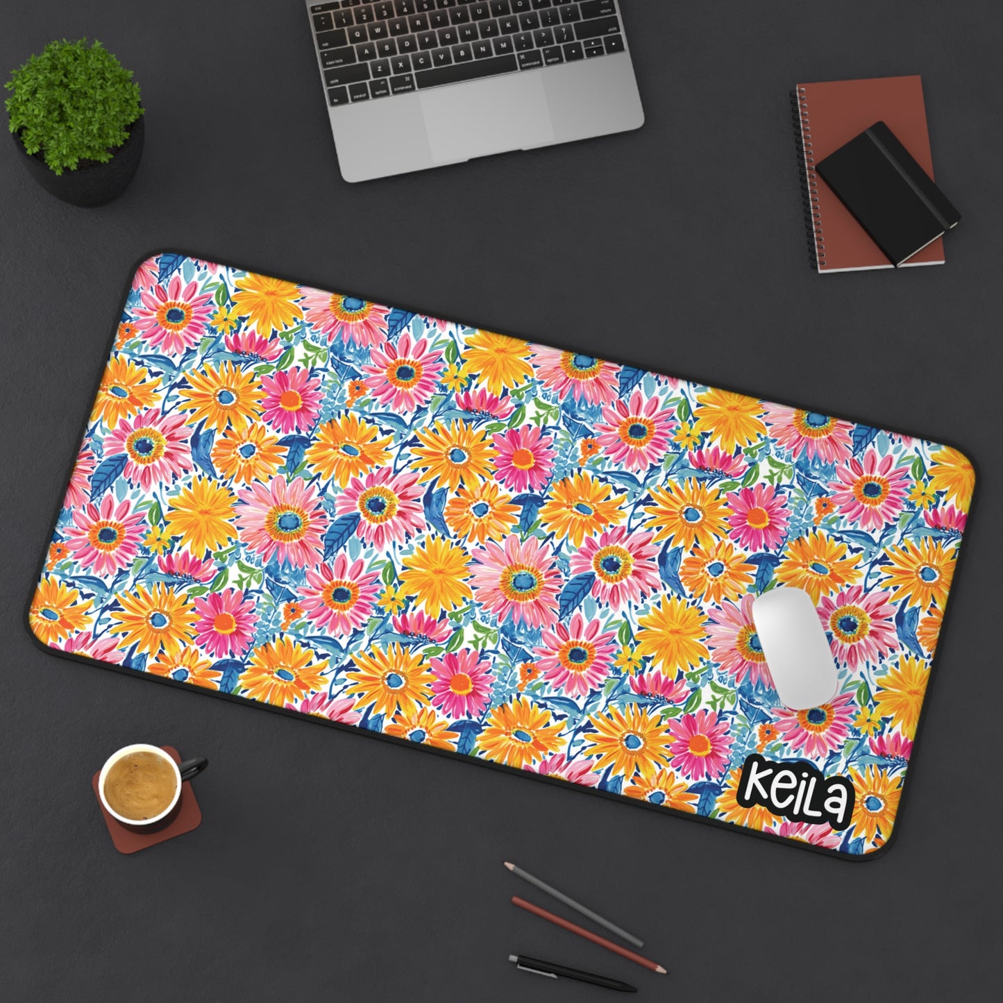 Personalized Cute Yellow Pink Blue Floral Desk Mat | Cute Desk Pads